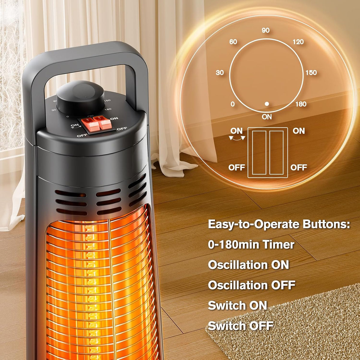 Outdoor Heaters for Patio, 1500W, Infrared Patio Heater with 3H Timer, 60° Oscillation, Tip-Over & Overheat Protection, Portable Handle, IP65 Waterproof Electric Heater for Outdoor & Indoor Use, Black