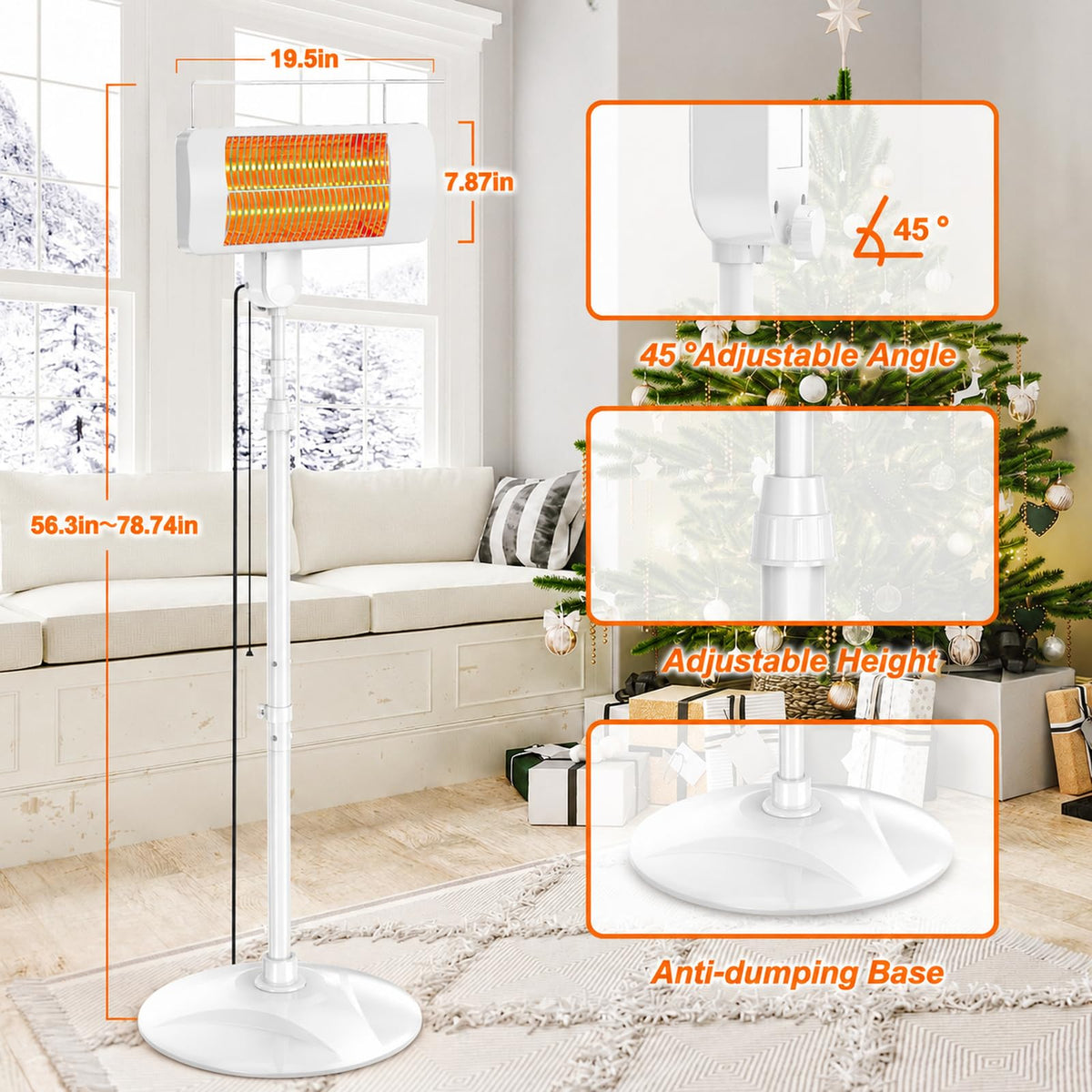 Outdoor Heaters for Patio, 1500W, 3 Heat Modes & 12H Timer, IP65 Waterproof Electric Heater with Adjustable Height, Tip-Over Protection, 78" Portable Infrared Heater for Indoor Outdoor use, White