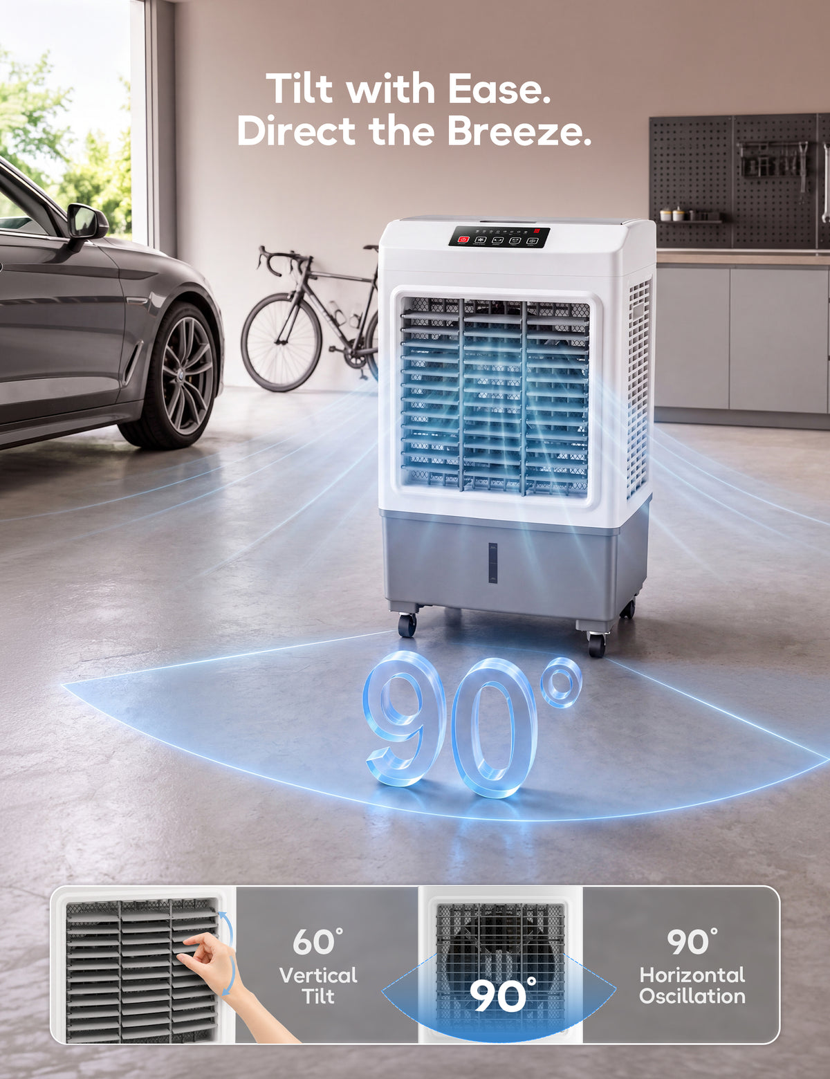 Swamp Cooler, 3600CFM Evaporative Cooler with 8.1 Gal Water Tank, 3 in 1 Portable Air Conditioners for Room No Window, 100° Swing, Remote, 7H Timer, 4 Ice Box for Home, Garage, Large, Outdoor, White