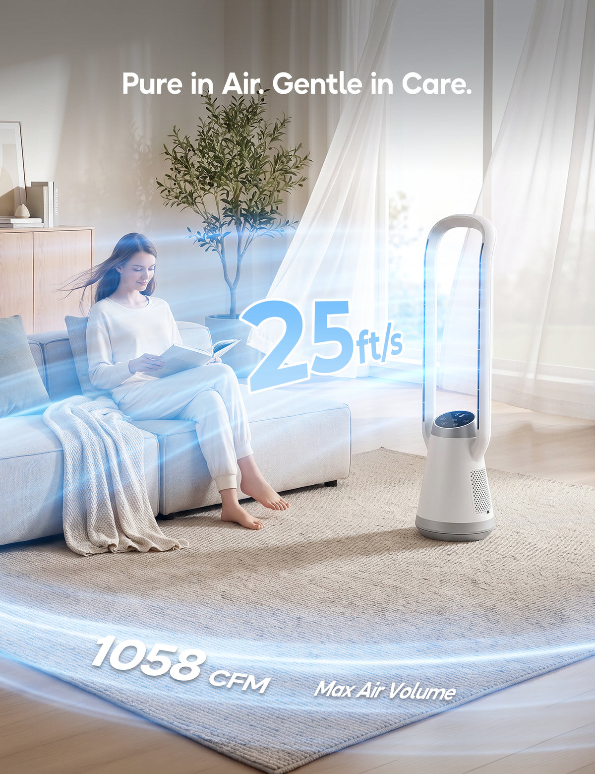 Portable Bladeless Tower Fan, 35.6" Oscillating Fan for Bedroom, 25Ft/s Fan that Blow Cold Air, 12H Timer, 3 Speeds, Remote Control, 180° Max Oscillating, Quiet Fan for Room No Window, White