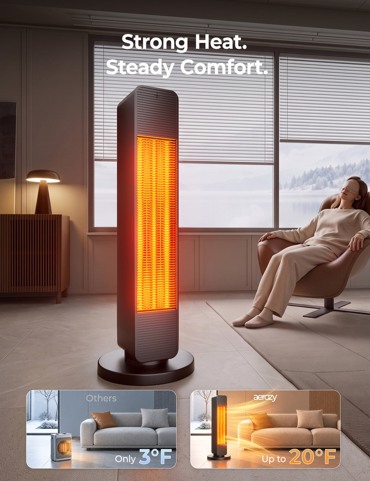 FLOWBREEZE 27” Space Heaters for Indoor Use, 1500W, Heater and Fan Combo Electric Heaters For Large Room, Portable Tower Heater With 75° Oscillation, Remote, 15H Timer, 6 Safety Protections, Black