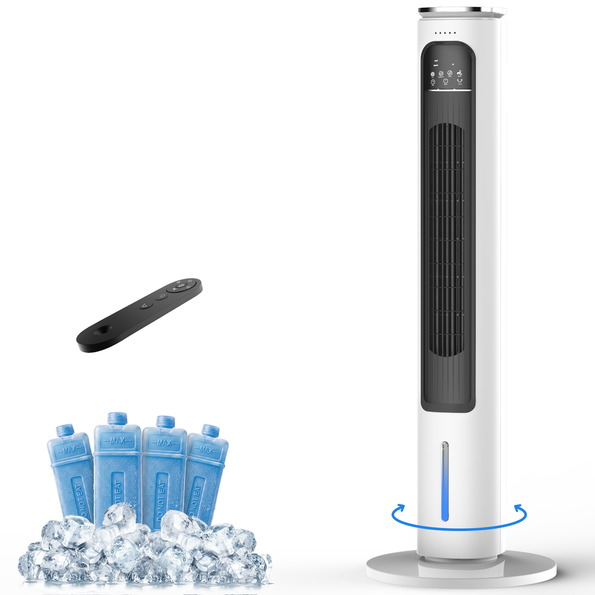 Windowless Portable Air Conditioners, 37.1’’ Evaporative Air Cooler, Cooling Tower Fan w/Remote, 2.5L Water Tank & Ice Packs, 12H Smart Timer, 70° Oscillating, Ultra-Quiet Standing Fan For HomeOffice