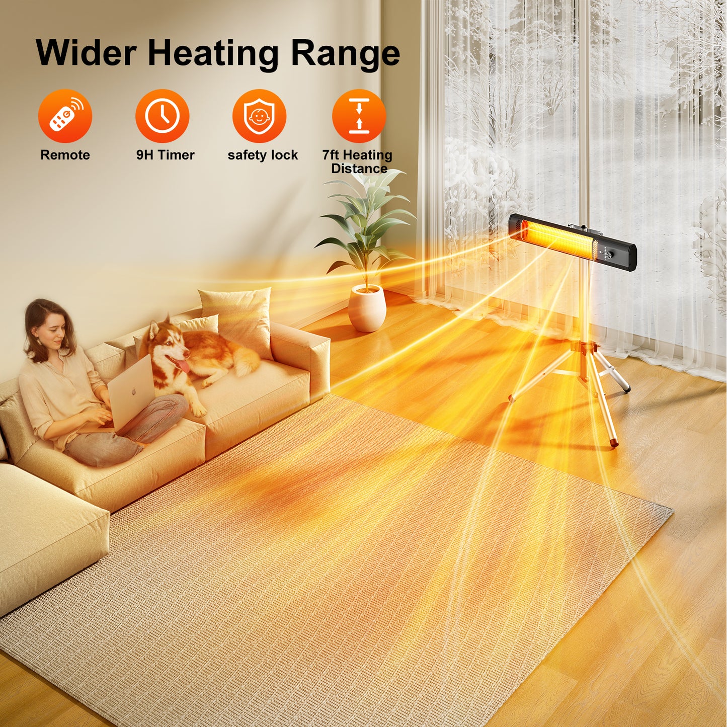 Outdoor Patio Heater w/Remote, Infrared Electric Heater with Tripod, 68''Adjustable Height,Child Lock&9H Timer, Tip-Over&Overheat Protection, 1500W,IP65 Waterproof, Super Quiet For Outdoor/Indoor Use