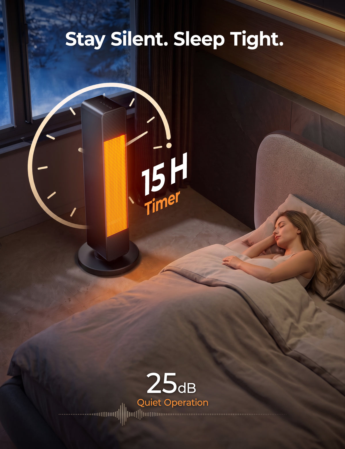 FLOWBREEZE 27” Space Heaters for Indoor Use, 1500W, Heater and Fan Combo Electric Heaters For Large Room, Portable Tower Heater With 75° Oscillation, Remote, 15H Timer, 6 Safety Protections, Black