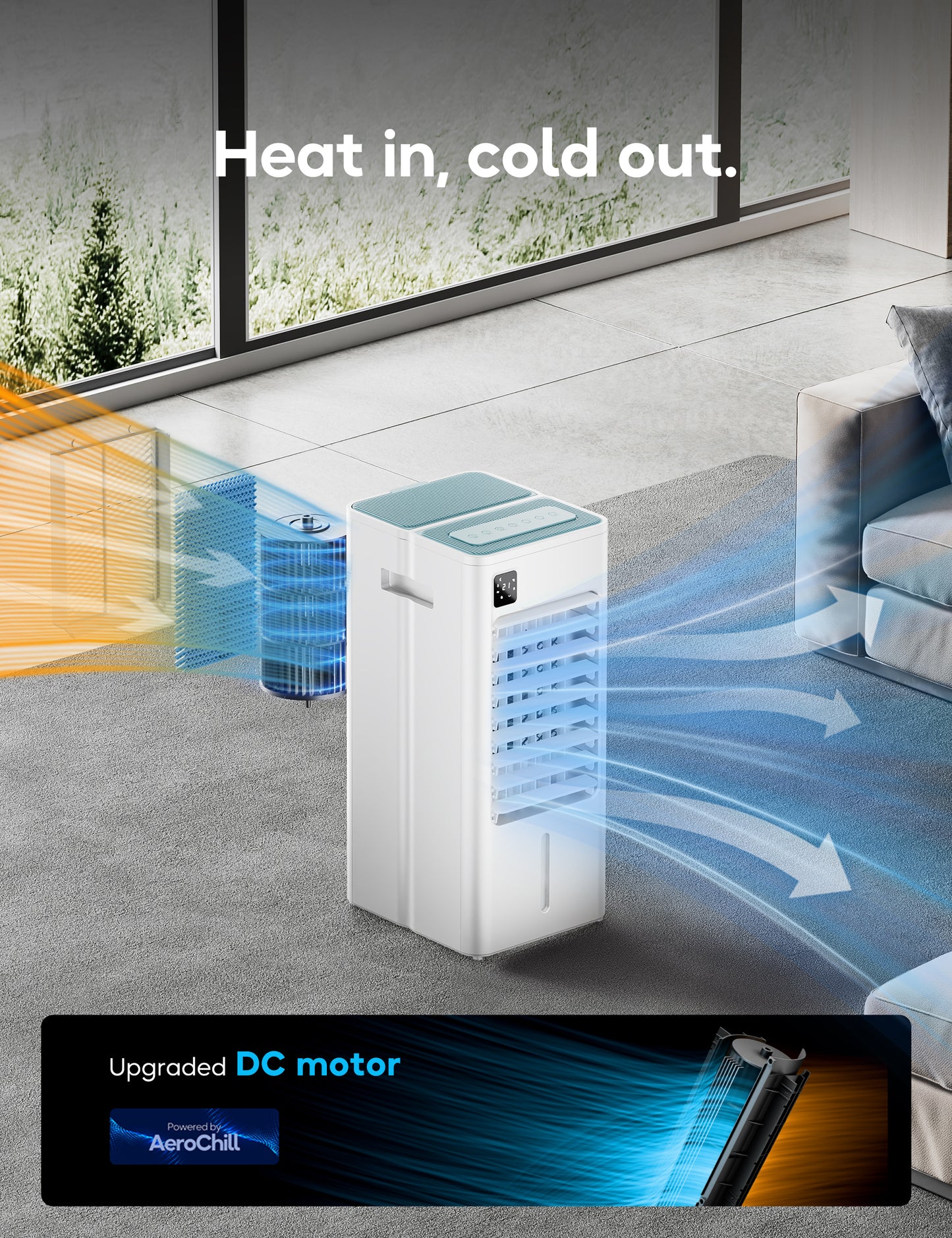 Windowless Portable Air Conditioner, 24" Evaporative Air Cooler with Remote, 3 Speeds, Digital Display, 12H Timer, 2 Gal Water Tank, Oscillating Swamp Cooler for Bedroom, Living Room, AC Unit, White
