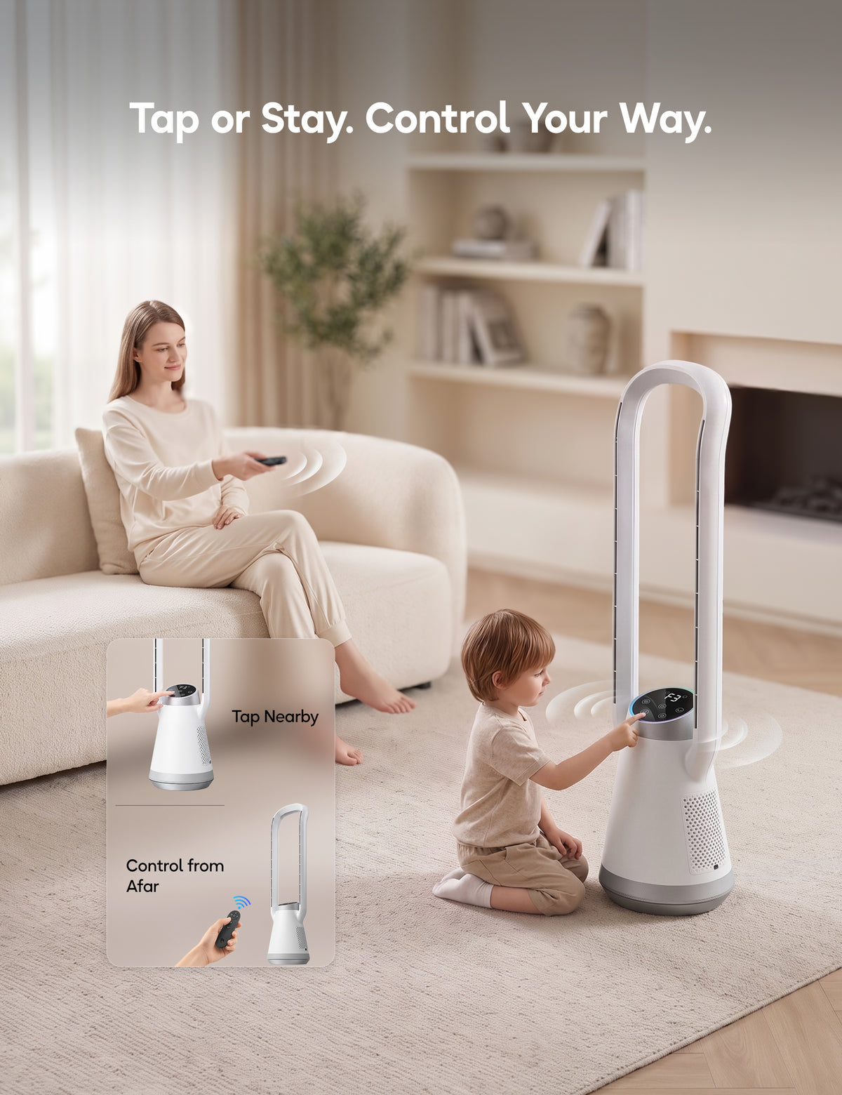 Portable Bladeless Tower Fan, 35.6" Oscillating Fan for Bedroom, 25Ft/s Fan that Blow Cold Air, 12H Timer, 3 Speeds, Remote Control, 180° Max Oscillating, Quiet Fan for Room No Window, White