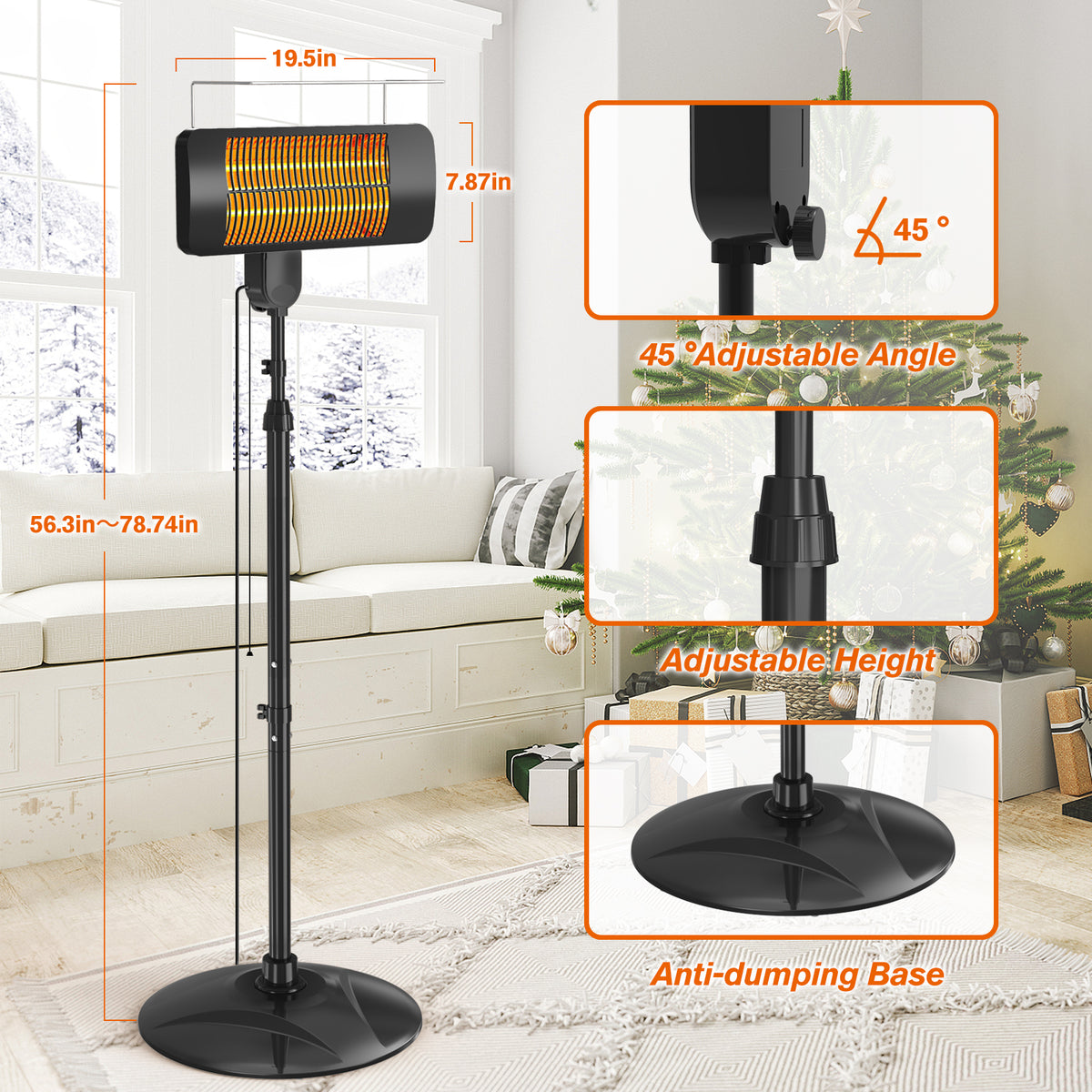 Outdoor Heaters for Patio, 1500W, 3 Heat Modes & 12H Timer, IP54 Waterproof Electric Heater with Adjustable Height, Tip-Over Protection, 78" Portable Infrared Heater for Indoor Outdoor use, Black
