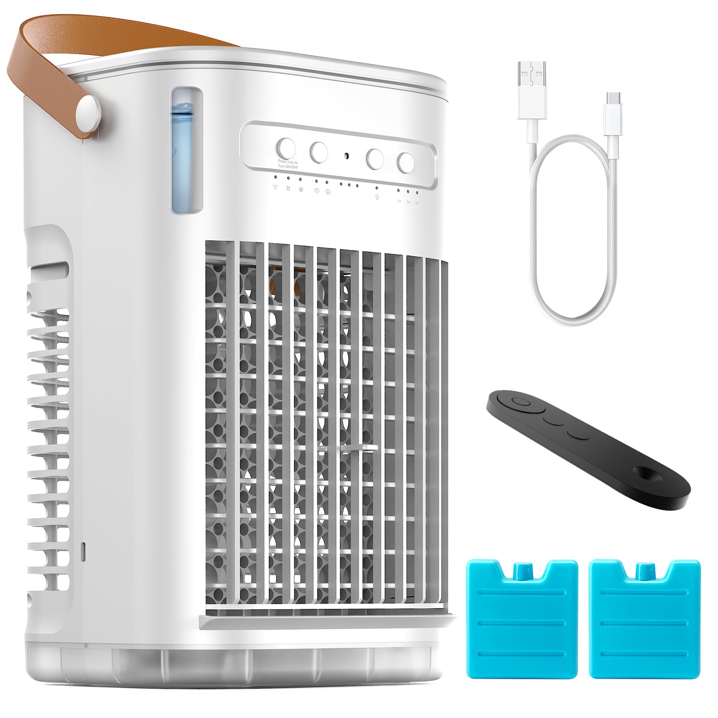 Mini Air Conditioner For USB Powered, Portable Evaporative Air Cooler w/Remote, Water Tank & 2 Ice Packs & 2 Sprays, 7H Auto-off, 3 Speeds, Personal Cooling Fan For Desktop,Car,Camping, Off White