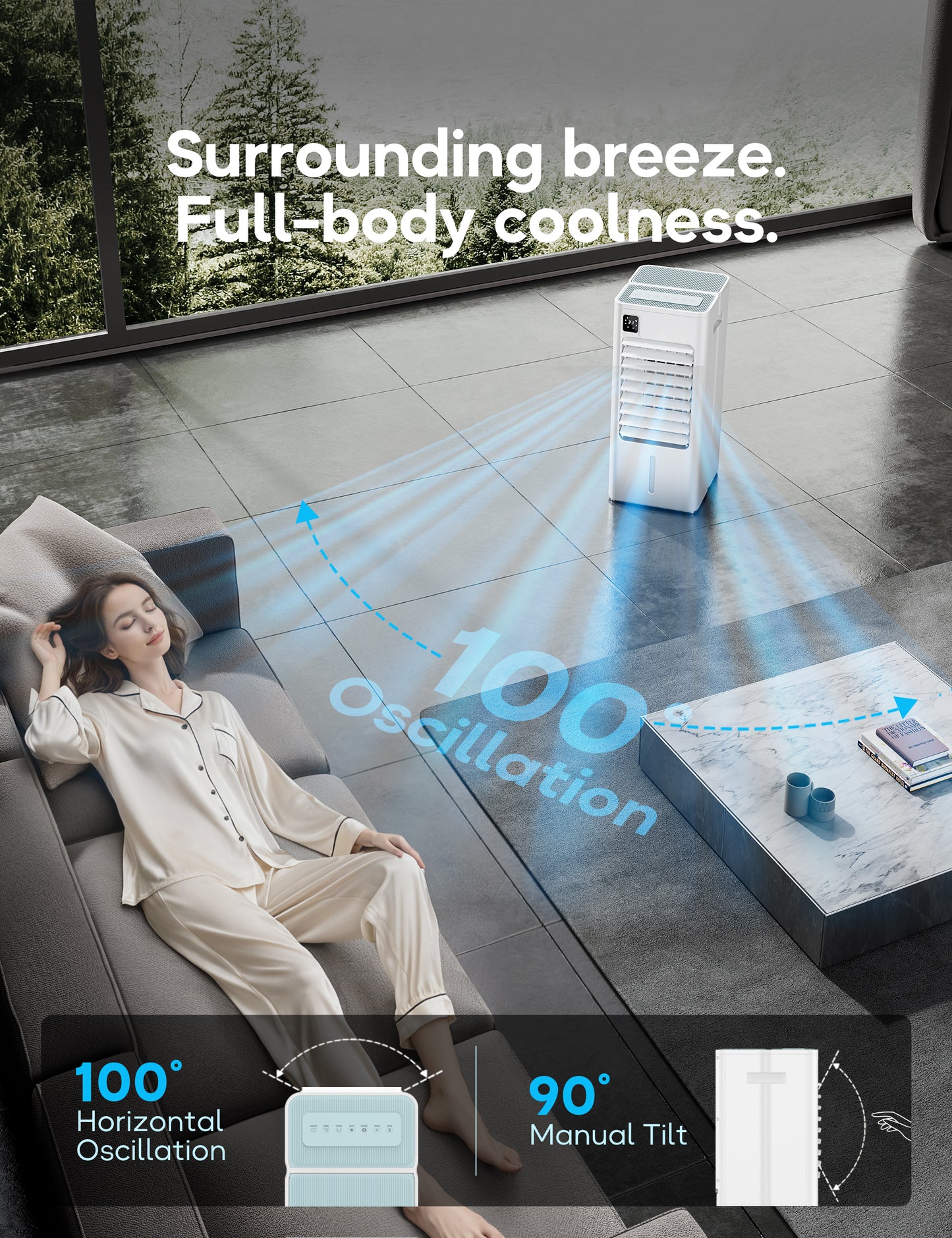 Windowless Portable Air Conditioner, 24" Evaporative Air Cooler with Remote, 3 Speeds, Digital Display, 12H Timer, 2 Gal Water Tank, Oscillating Swamp Cooler for Bedroom, Living Room, AC Unit, White