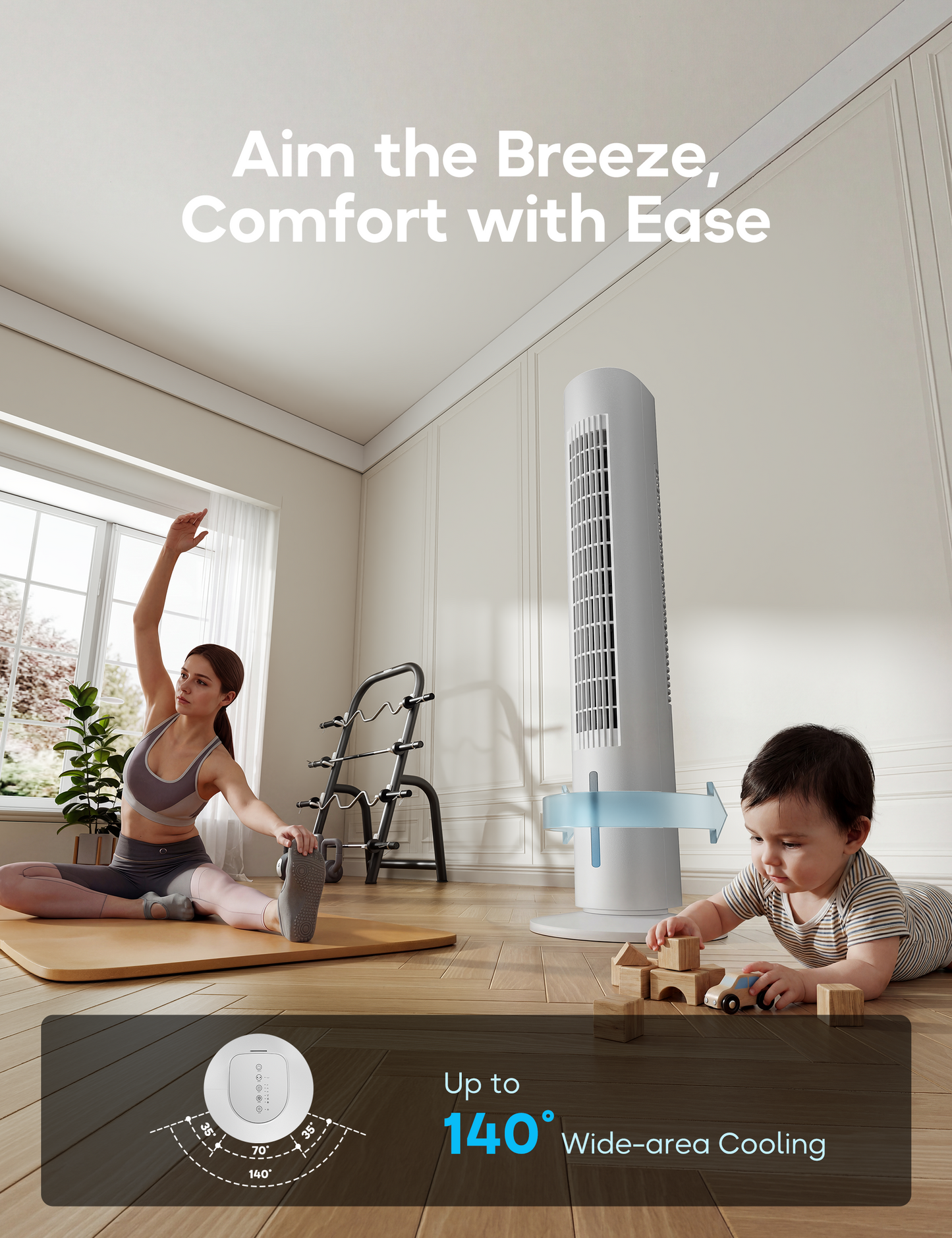 Windowless Portable Air Conditioner, 35" Evaporative Air Cooler for Room No Window, 7H Timer, 4 Modes, Remote Control, 140° Max Oscillating, Large Water Tank, Quiet AC Unit for Bedroom, White