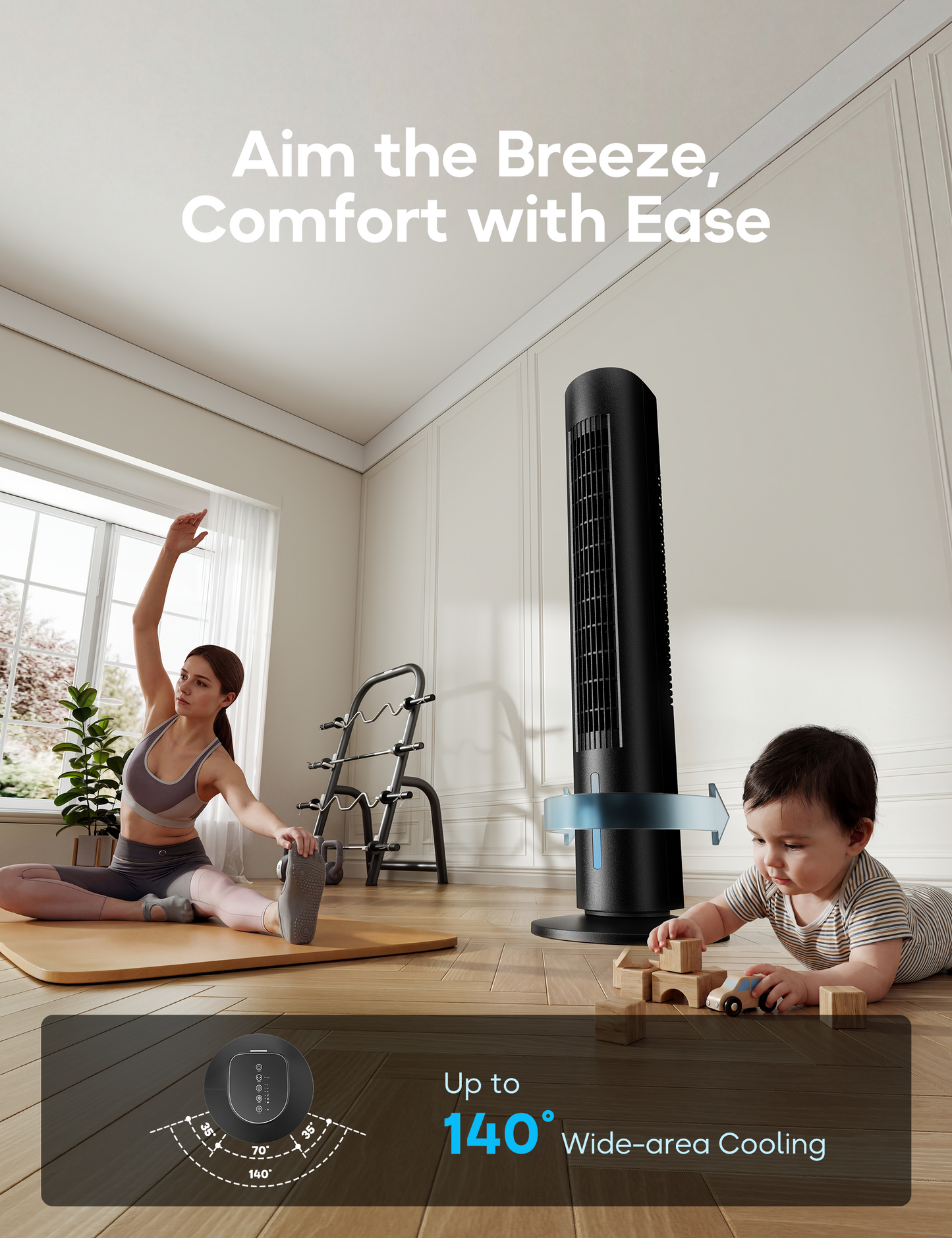 Windowless Portable Air Conditioner, 35" Evaporative Air Cooler for Room No Window, 7H Timer, 4 Modes, Remote Control, 140° Max Oscillating, Large Water Tank, Quiet AC Unit for Bedroom, Black