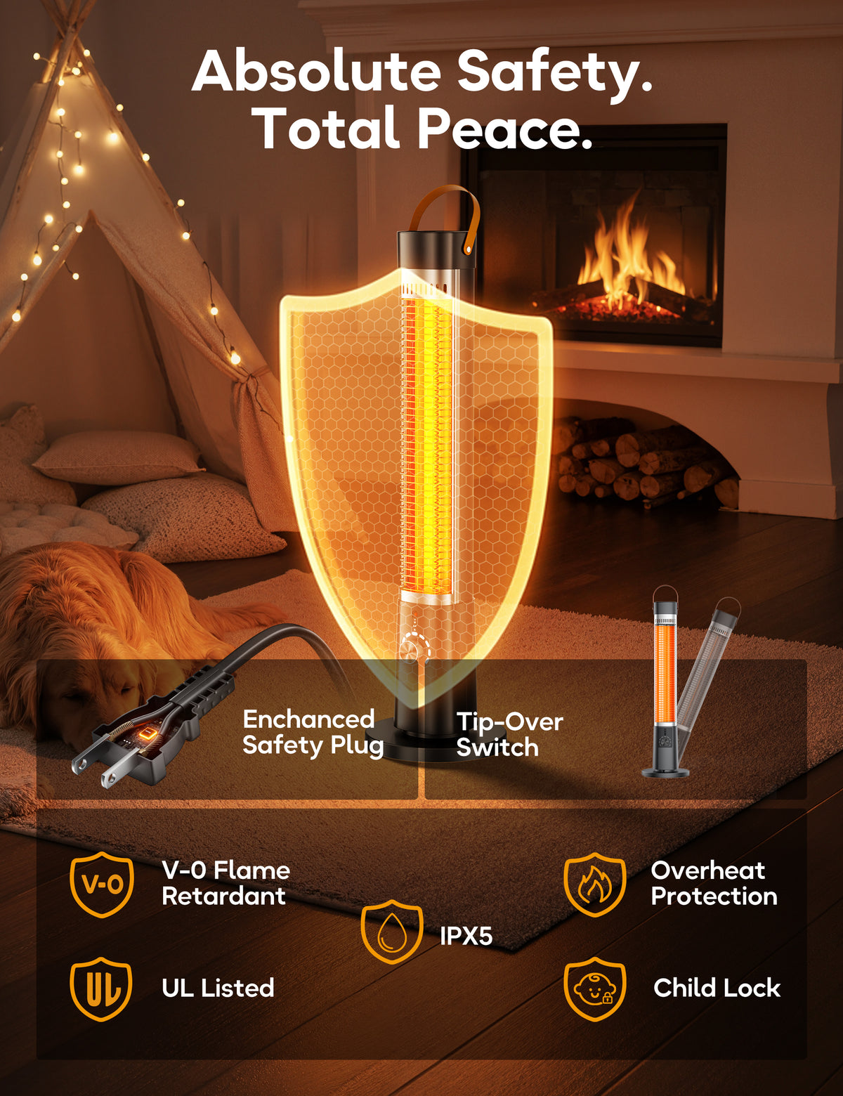 FLOWBREEZE 32” Patio Heater for Outdoor Use, 1500W, 9H Timer, 9 Heat Levels Electric Infrared Heater, 7 Safety Protection, Quiet Heater with Remote, Ipx5, for Porch Large Room Garage, Indoor Use, black
