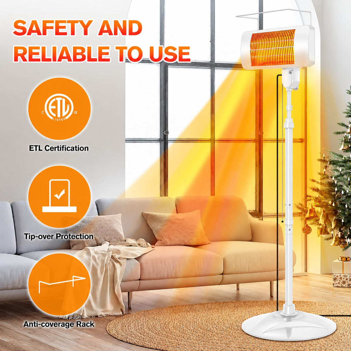 Outdoor Heaters for Patio, 1500W, 3 Heat Modes & 12H Timer, IP65 Waterproof Electric Heater with Adjustable Height, Tip-Over Protection, 78" Portable Infrared Heater for Indoor Outdoor use, White