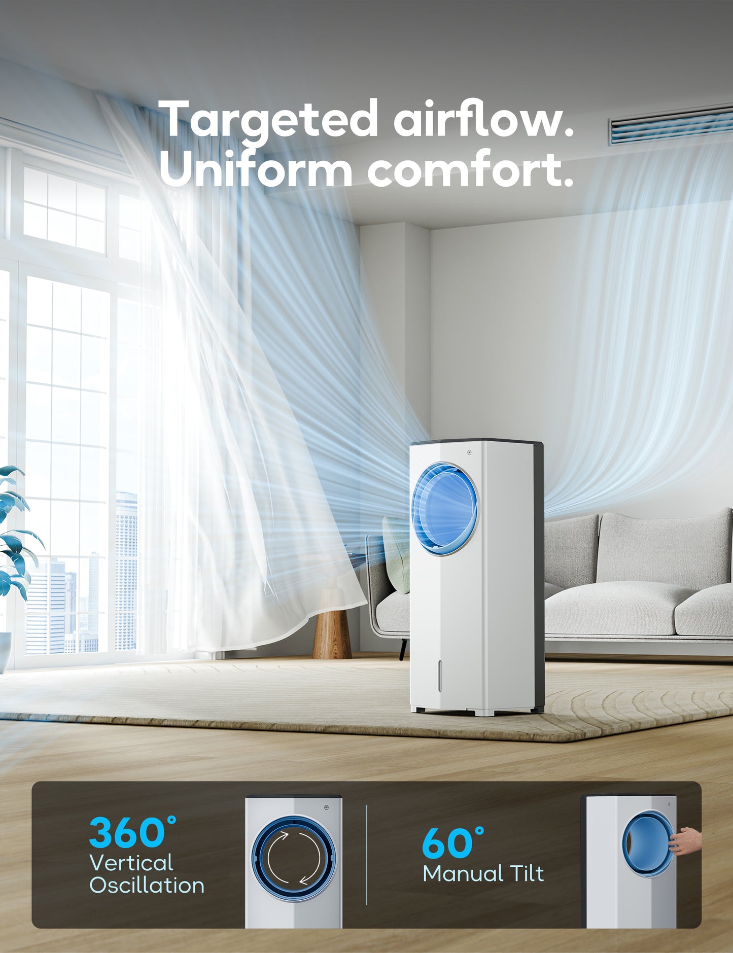 Windowless Portable Air Conditioner, 26.4" Small Evaporative Air Cooler for Room No Window, 3-Speed Settings, 4 Modes, 7H Timer, Remote Control, 4 Ice Packs, Quiet AC Unit for Bedroom, Jet