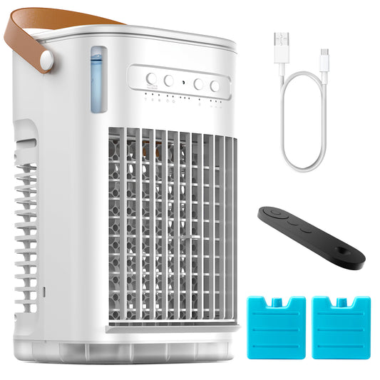 Mini Air Conditioner For USB Powered, Portable Evaporative Air Cooler w/Remote, Water Tank & 2 Ice Packs & 2 Sprays, 7H Auto-off, 3 Speeds, Personal Cooling Fan For Desktop,Car,Camping, Off White
