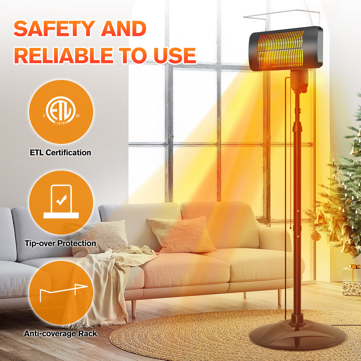 Outdoor Heaters for Patio, 1500W, 3 Heat Modes & 12H Timer, IP54 Waterproof Electric Heater with Adjustable Height, Tip-Over Protection, 78" Portable Infrared Heater for Indoor Outdoor use, Black