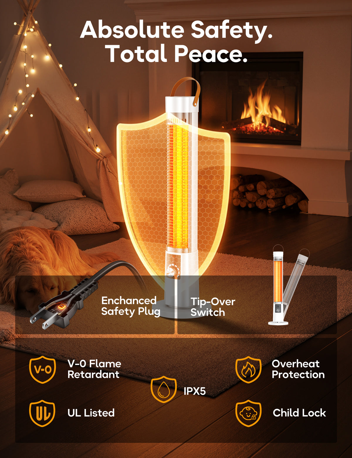 FLOWBREEZE 32” Outdoor Patio Heater, 1500W Electric Infrared Heater, White 9 Heat Levels, 9H Timer, 7 Safety Protection, Quiet Heater with Remote, Ipx5, for Porch, Large Room, Garage, Indoor Use