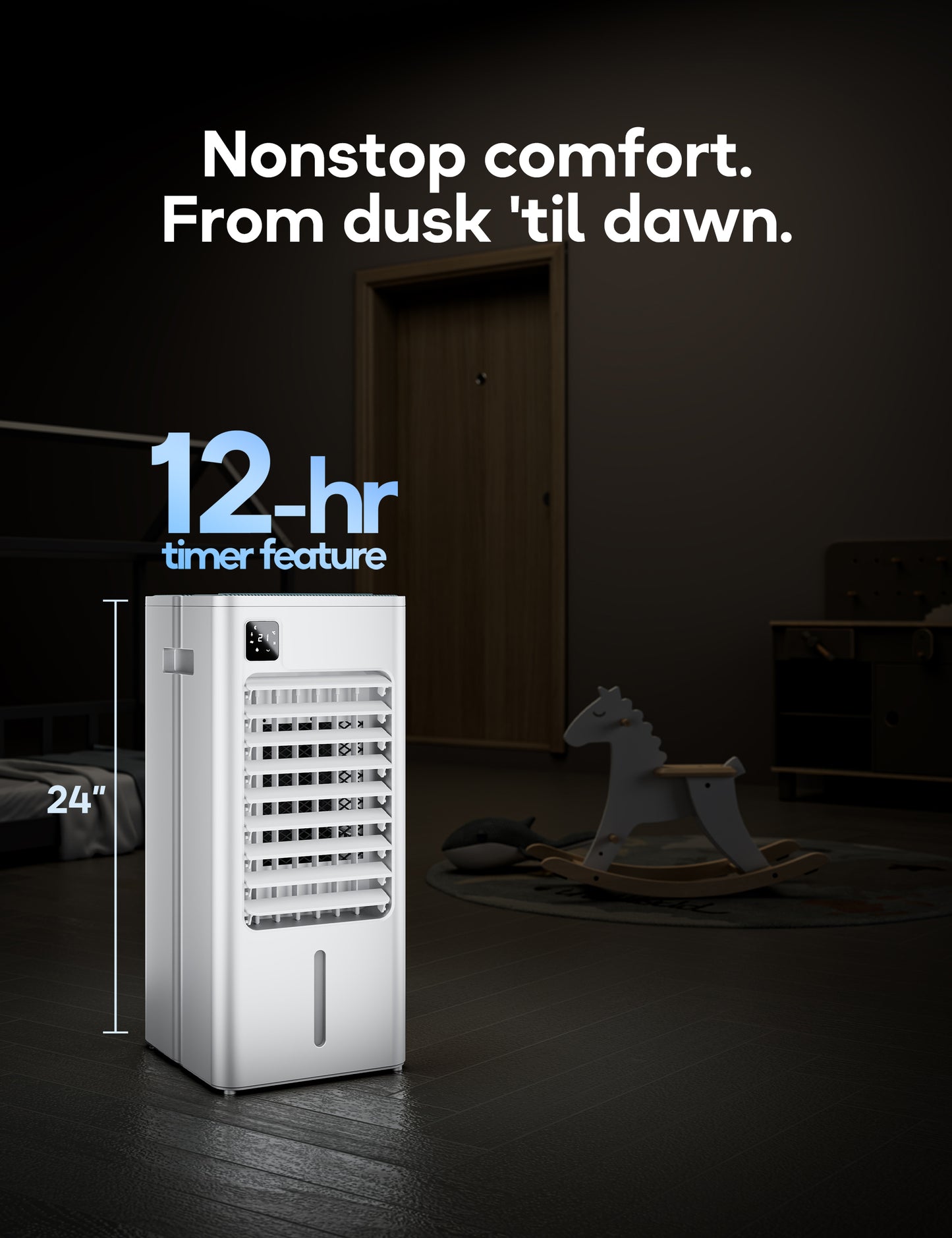 Windowless Portable Air Conditioner, 24" Evaporative Air Cooler with Remote, 3 Speeds, Digital Display, 12H Timer, 2 Gal Water Tank, Oscillating Swamp Cooler for Bedroom, Living Room, AC Unit, White