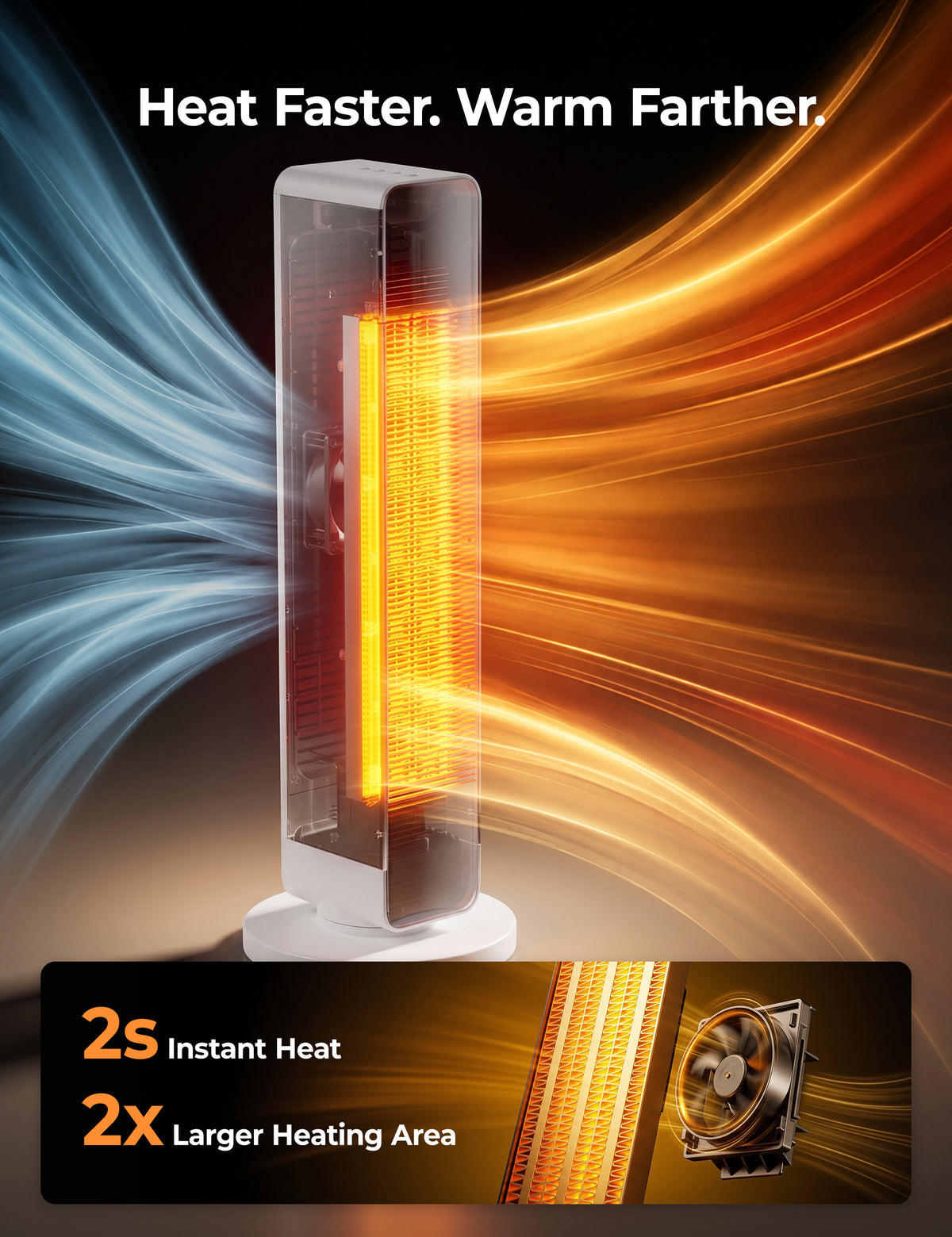 FLOWBREEZE 27” Space Heaters for Indoor Use, 1500W, Heater and Fan Combo Electric Heaters For Large Room, Portable Tower Heater With 75° Oscillation, Remote, 15H Timer, 6 Safety Protections, White