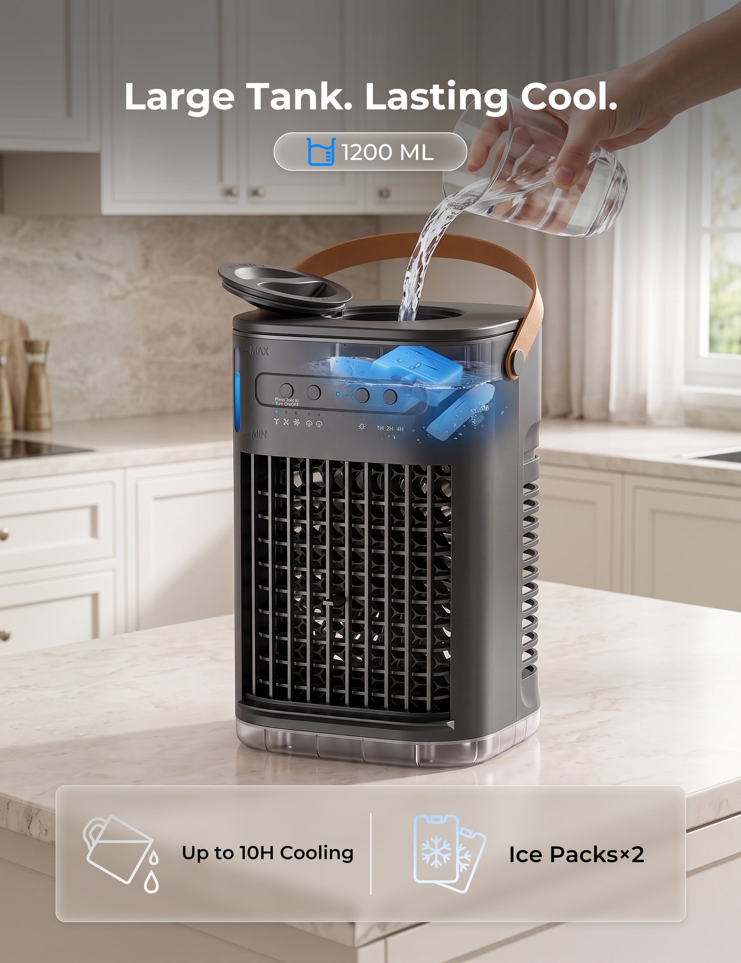 FLOWBREEZE 3-IN-1 Portable Air Conditioner for Car, 5400mAh Battery | Personal Evaporative Cooler with Remote, 2 Ice Packs & 1.2L Water Tank, 7H Timer Mini Air Conditioner for Car Desktop, cream
