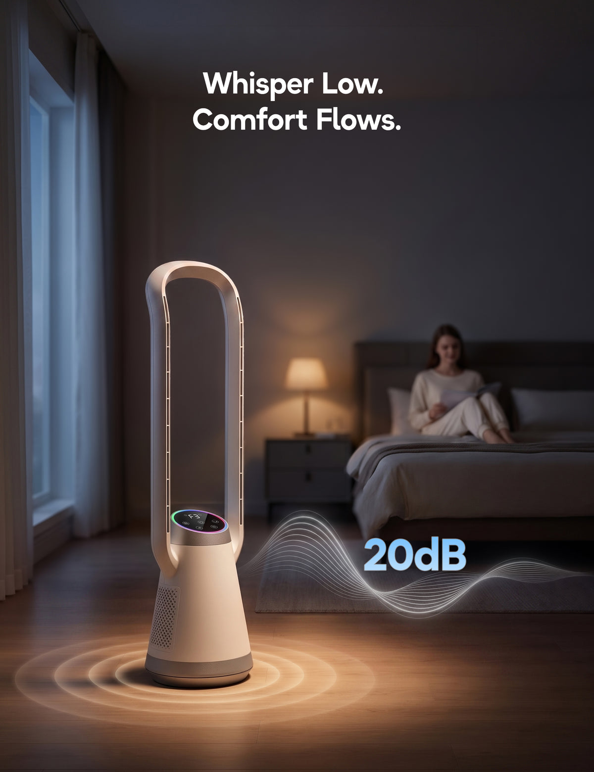 Portable Bladeless Tower Fan, 35.6" Oscillating Fan for Bedroom, 25Ft/s Fan that Blow Cold Air, 12H Timer, 3 Speeds, Remote Control, 180° Max Oscillating, Quiet Fan for Room No Window, White