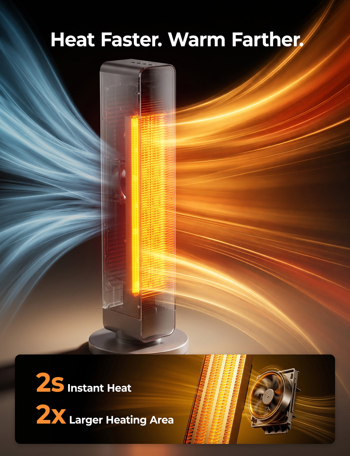 FLOWBREEZE 27” Space Heaters for Indoor Use, 1500W, Heater and Fan Combo Electric Heaters For Large Room, Portable Tower Heater With 75° Oscillation, Remote, 15H Timer, 6 Safety Protections, Black