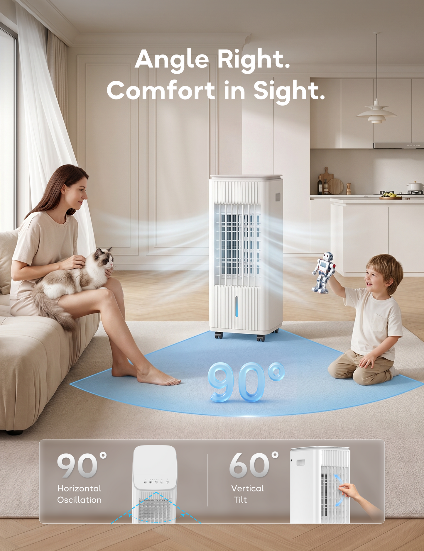 Windowless Portable Air Conditioner, 25.2" Evaporative Air Cooler for Room No Window, 90° Oscillation Swamp Cooler with Remote, 3 Speed, 4 Modes, Timer, 4 Ice Packs, Quiet AC Unit for Bedroom, White