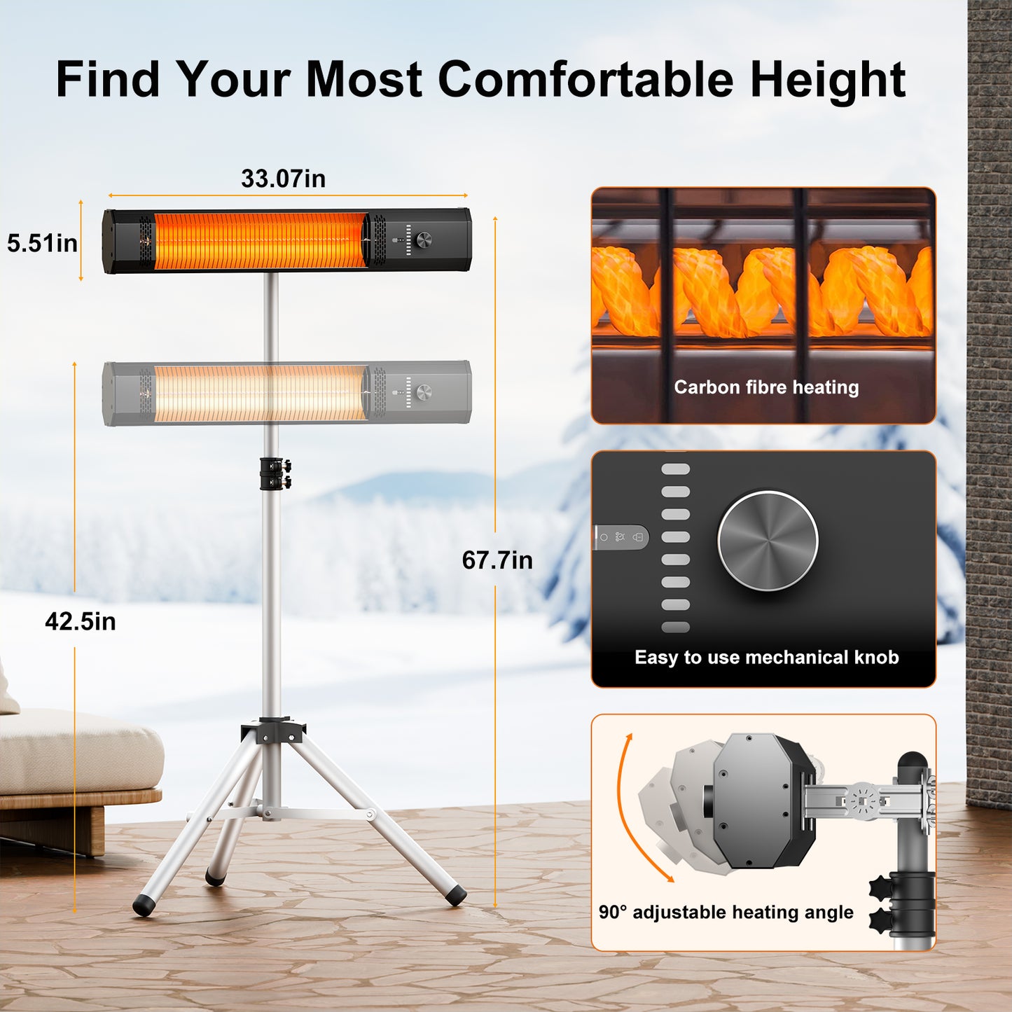 Outdoor Patio Heater w/Remote, Infrared Electric Heater with Tripod, 68''Adjustable Height,Child Lock&9H Timer, Tip-Over&Overheat Protection, 1500W,IP65 Waterproof, Super Quiet For Outdoor/Indoor Use