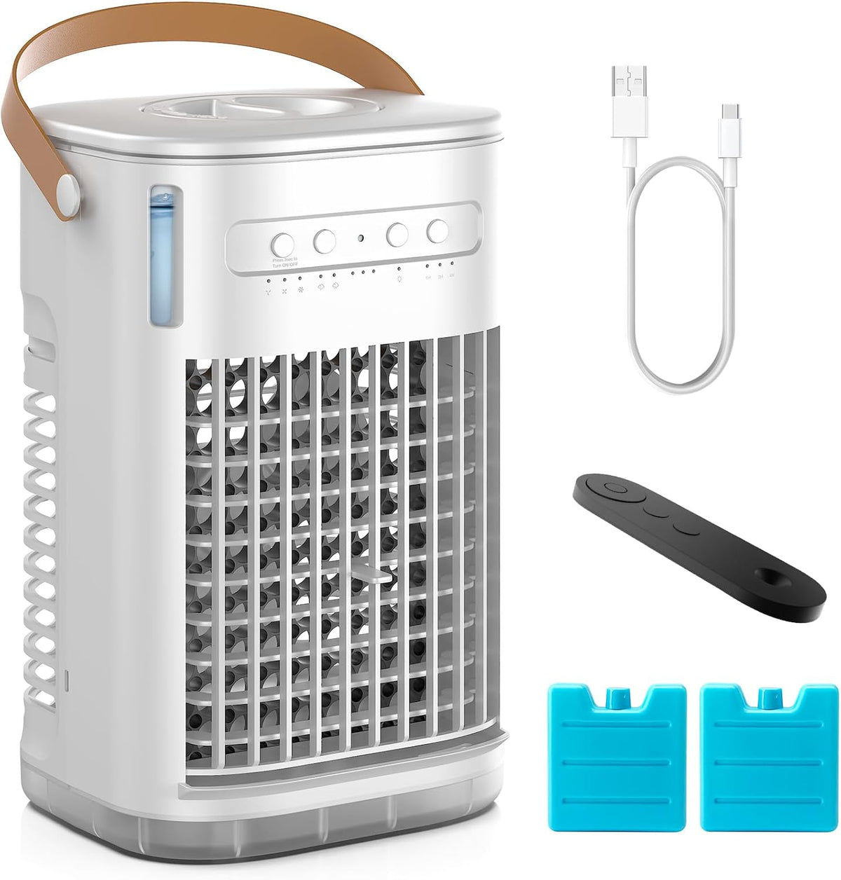USB Powered Portable Air Conditioner for Car, 1.2L Water Tank & 2 Ice Packs Mini Air Conditioner for Camping, Personal Air Cooling Fan with remote, 7H Timer, for Tent Desktop, snow white no battery