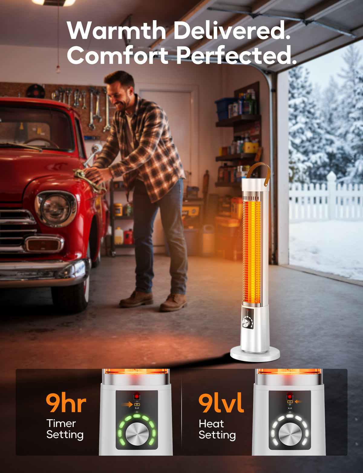 FLOWBREEZE 32” Outdoor Patio Heater, 1500W Electric Infrared Heater, White 9 Heat Levels, 9H Timer, 7 Safety Protection, Quiet Heater with Remote, Ipx5, for Porch, Large Room, Garage, Indoor Use