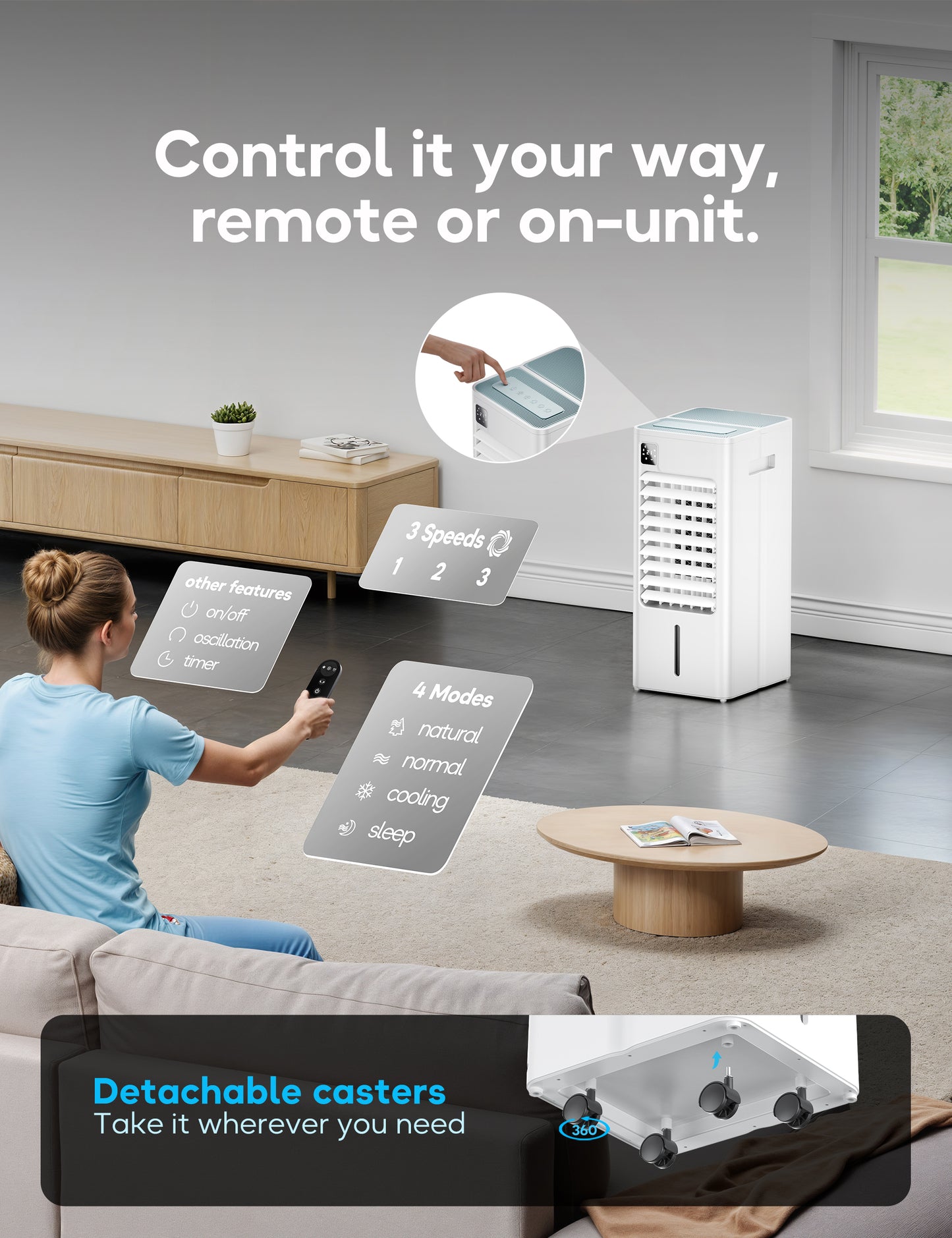Windowless Portable Air Conditioner, 24" Evaporative Air Cooler with Remote, 3 Speeds, Digital Display, 12H Timer, 2 Gal Water Tank, Oscillating Swamp Cooler for Bedroom, Living Room, AC Unit, White