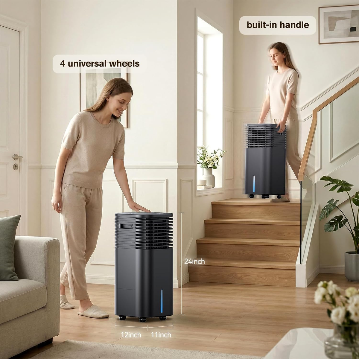 24" Windowless Portable Air Conditioner, 3-IN-1 Portable AC Unit with Remote, 15H Timer & 120°Oscillation, 2-Gal Tank, 3 Modes & 3 Speeds, Ultra-Quiet Ventless Swamp Cooler for Home Office, MatteBlack