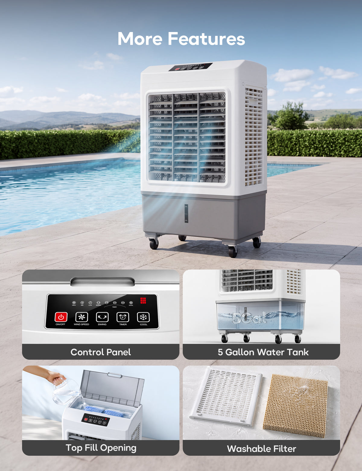 Swamp Cooler, 3600CFM Evaporative Cooler with 8.1 Gal Water Tank, 3 in 1 Portable Air Conditioners for Room No Window, 100° Swing, Remote, 7H Timer, 4 Ice Box for Home, Garage, Large, Outdoor, White