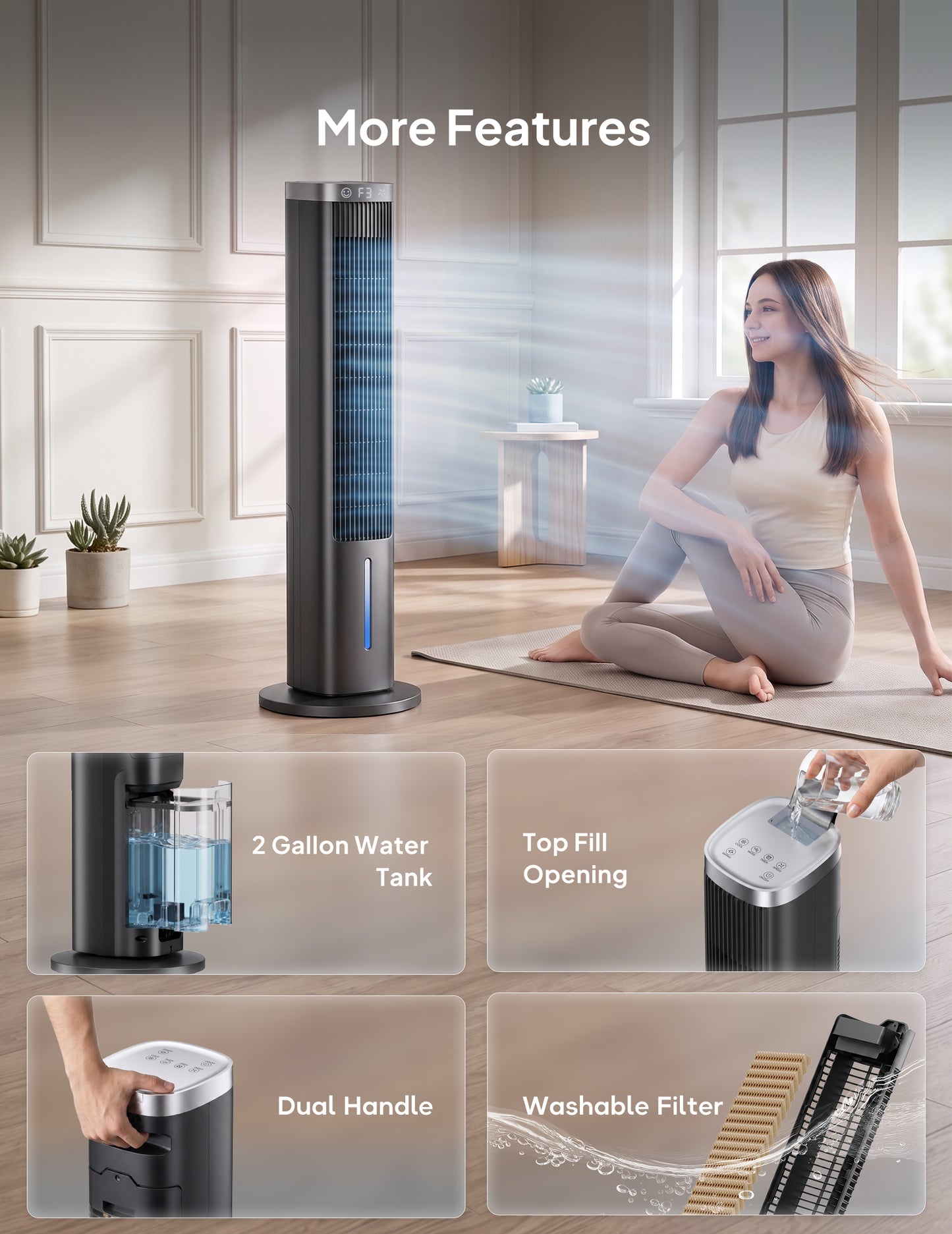 Windowless Portable Air Conditioner, 38.7" Evaporative Air Cooler for Room No Window, 12H Timer, 4 Modes, Remote Control, 120° Max Oscillating, Large Water Tank, Quiet AC Unit for Bedroom, Black
