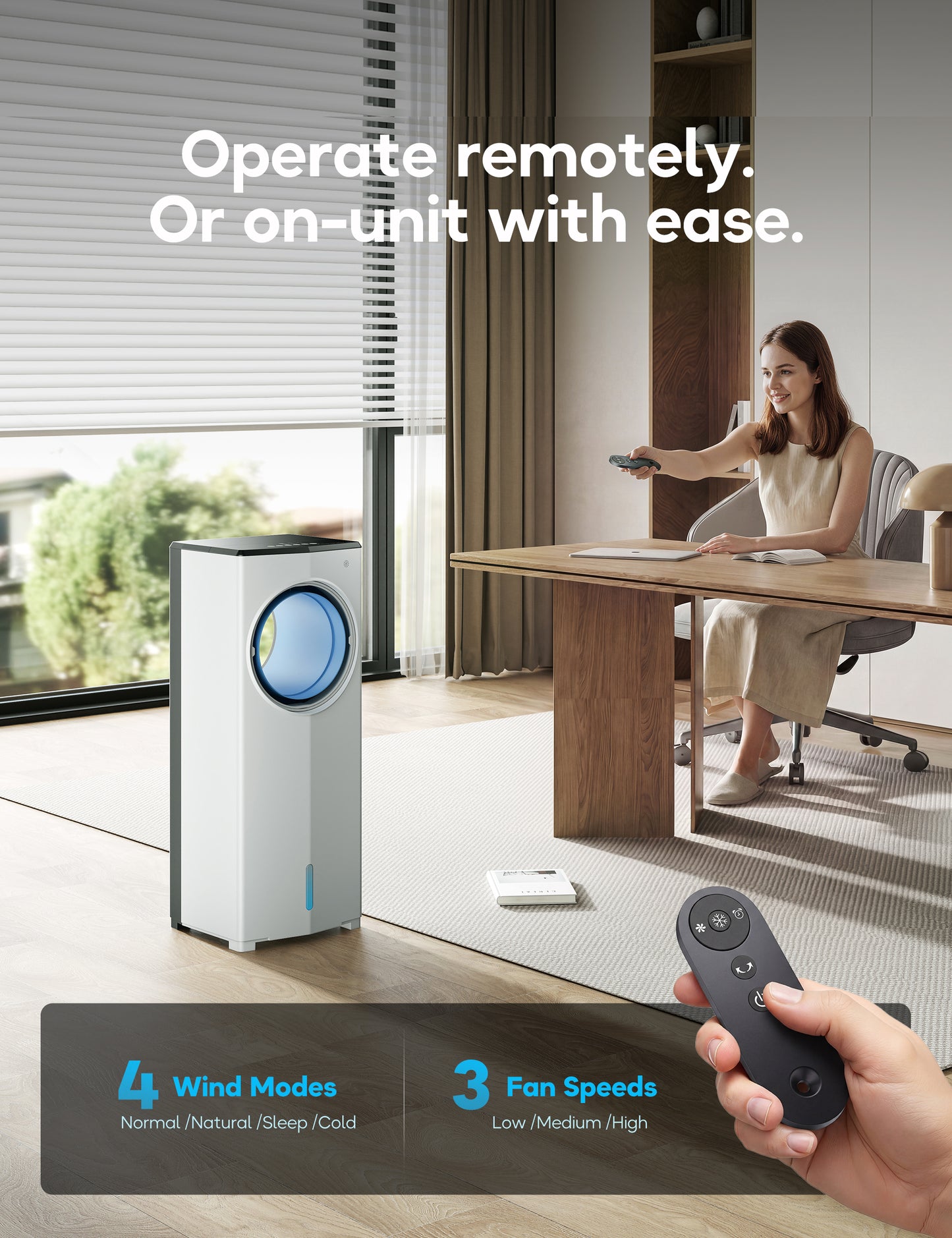Windowless Portable Air Conditioner, 26.4" Small Evaporative Air Cooler for Room No Window, 3-Speed Settings, 4 Modes, 7H Timer, Remote Control, 4 Ice Packs, Quiet AC Unit for Bedroom, Jet