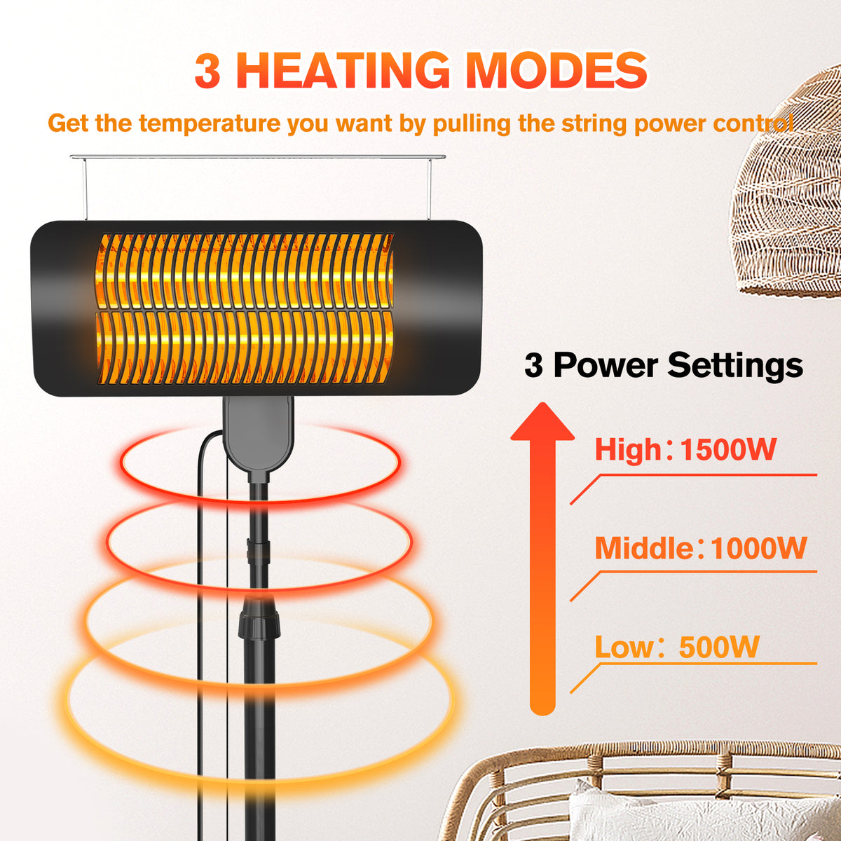Outdoor Heaters for Patio, 1500W, 3 Heat Modes & 12H Timer, IP54 Waterproof Electric Heater with Adjustable Height, Tip-Over Protection, 78" Portable Infrared Heater for Indoor Outdoor use, Black