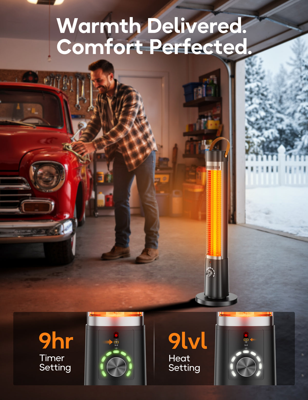 FLOWBREEZE 32” Patio Heater for Outdoor Use, 1500W, 9H Timer, 9 Heat Levels Electric Infrared Heater, 7 Safety Protection, Quiet Heater with Remote, Ipx5, for Porch Large Room Garage, Indoor Use
