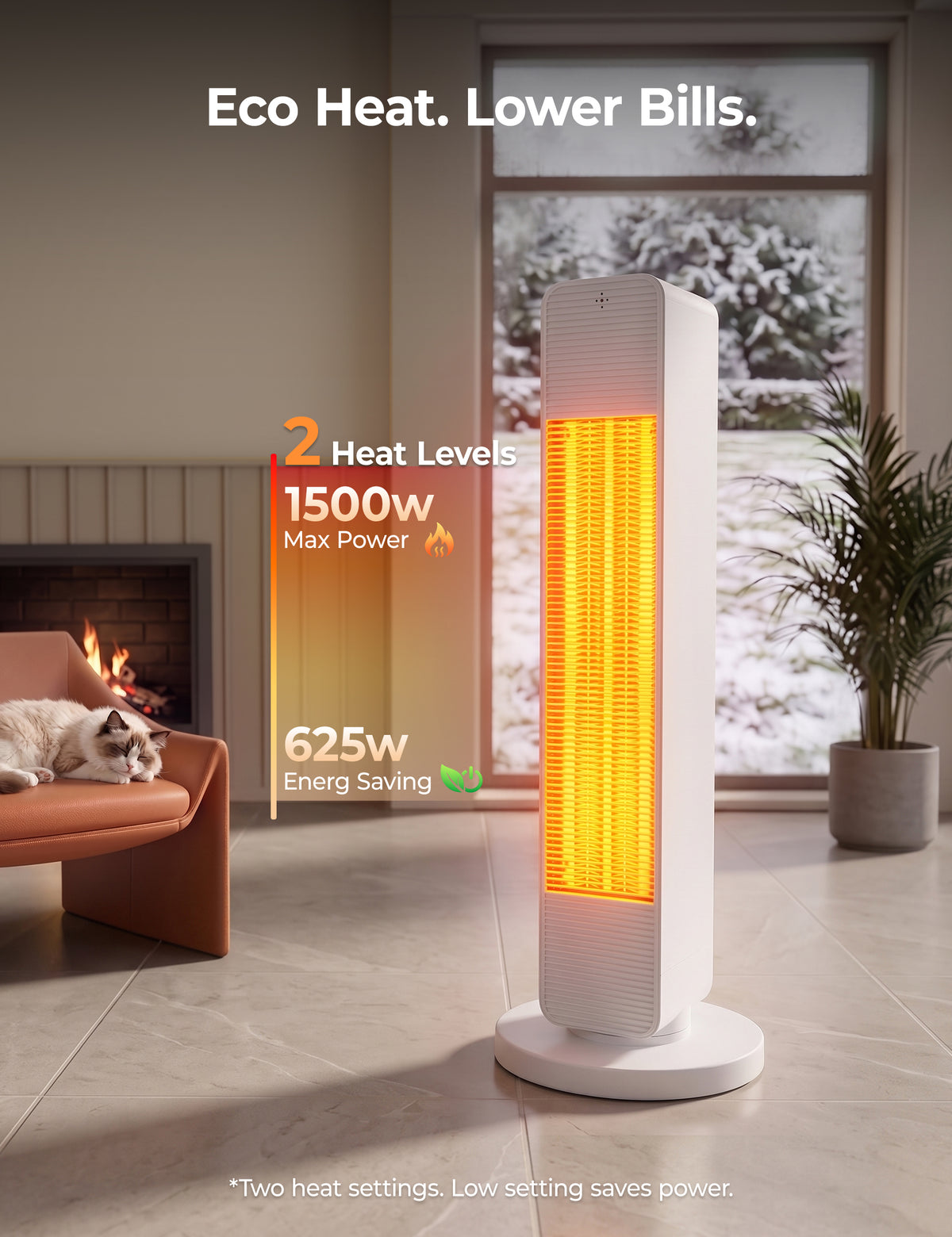 FLOWBREEZE 27” Space Heaters for Indoor Use, 1500W, Heater and Fan Combo Electric Heaters For Large Room, Portable Tower Heater With 75° Oscillation, Remote, 15H Timer, 6 Safety Protections, White