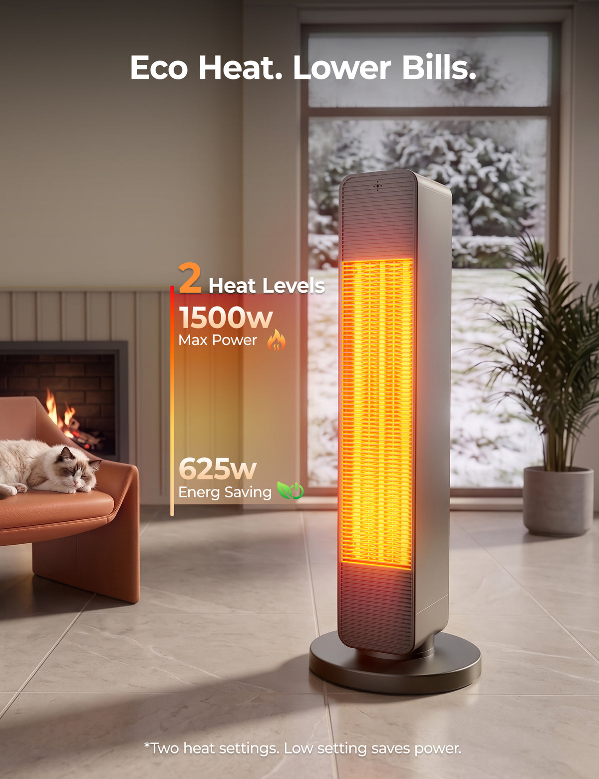 FLOWBREEZE 27” Space Heaters for Indoor Use, 1500W, Heater and Fan Combo Electric Heaters For Large Room, Portable Tower Heater With 75° Oscillation, Remote, 15H Timer, 6 Safety Protections, Black