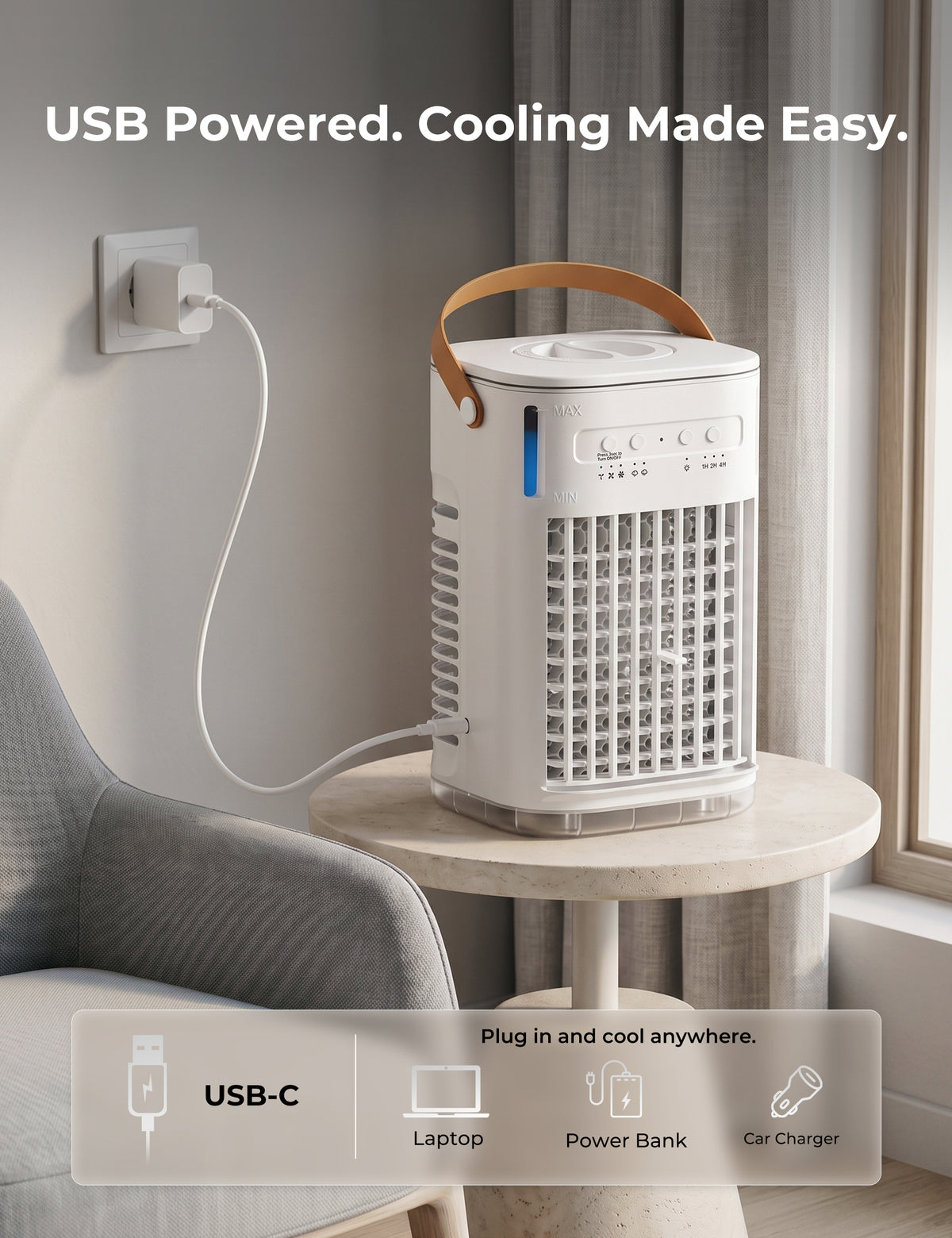 FLOWBREEZE USB Powered Portable ac for Car with 1.2gale water tank，7h timer, with 5400mah battery