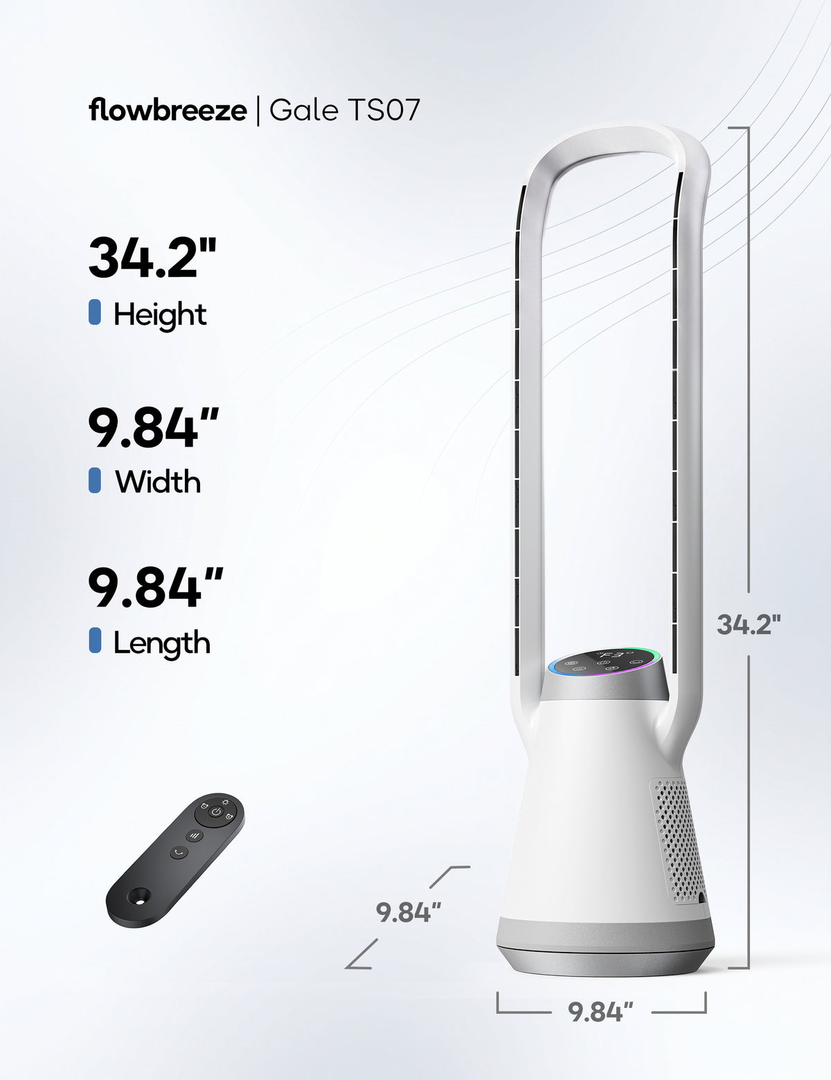 Portable Bladeless Tower Fan, 35.6" Oscillating Fan for Bedroom, 25Ft/s Fan that Blow Cold Air, 12H Timer, 3 Speeds, Remote Control, 180° Max Oscillating, Quiet Fan for Room No Window, White