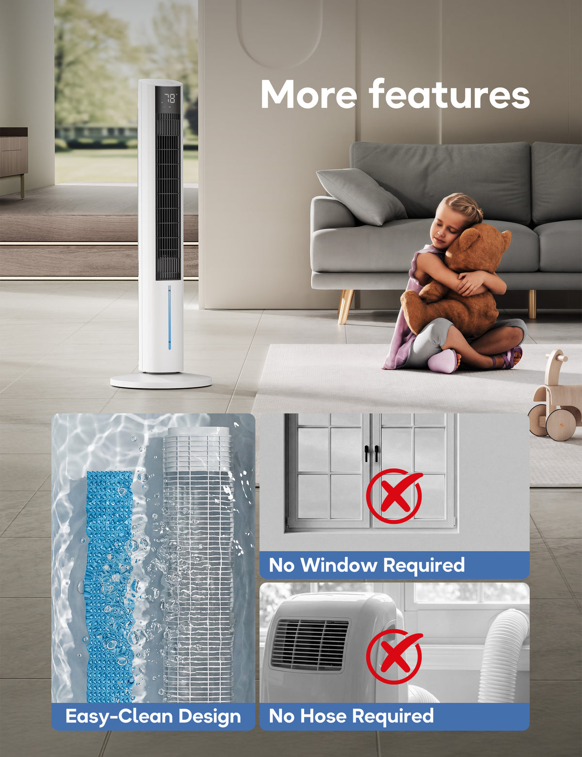 Windowless Portable Air Conditioners, 45" Evaporative Cooler for Room No window, 12H Timer & 60° Swing, 1.06Gal Water Tank & 4 Ice Packs