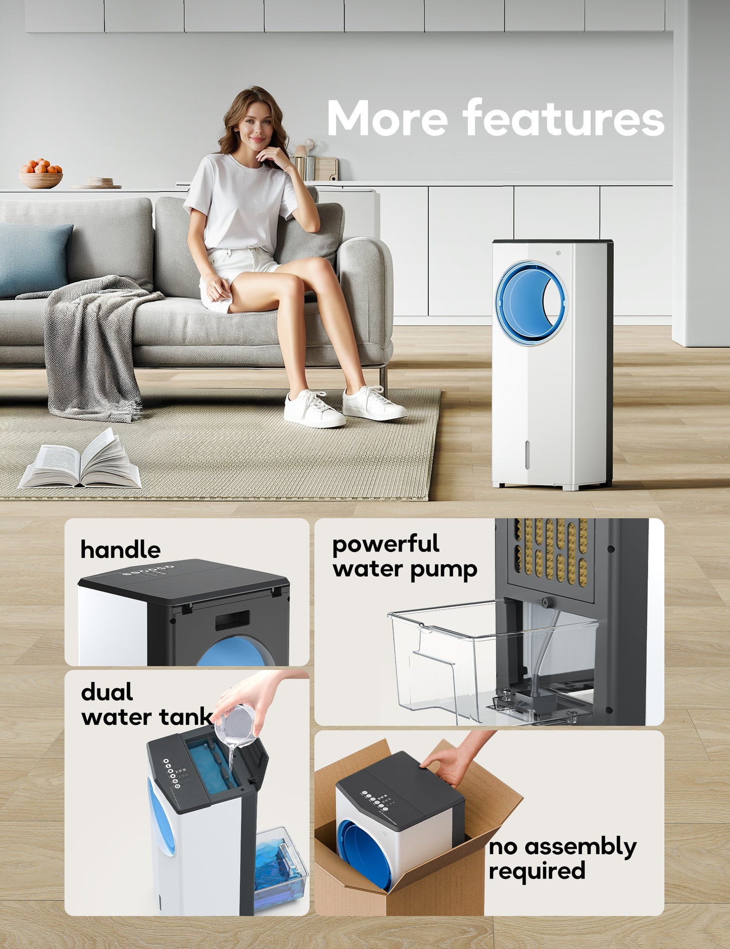 Windowless Portable Air Conditioner, 26.4" Small Evaporative Air Cooler for Room No Window, 3-Speed Settings, 4 Modes, 7H Timer, Remote Control, 4 Ice Packs, Quiet AC Unit for Bedroom, Jet