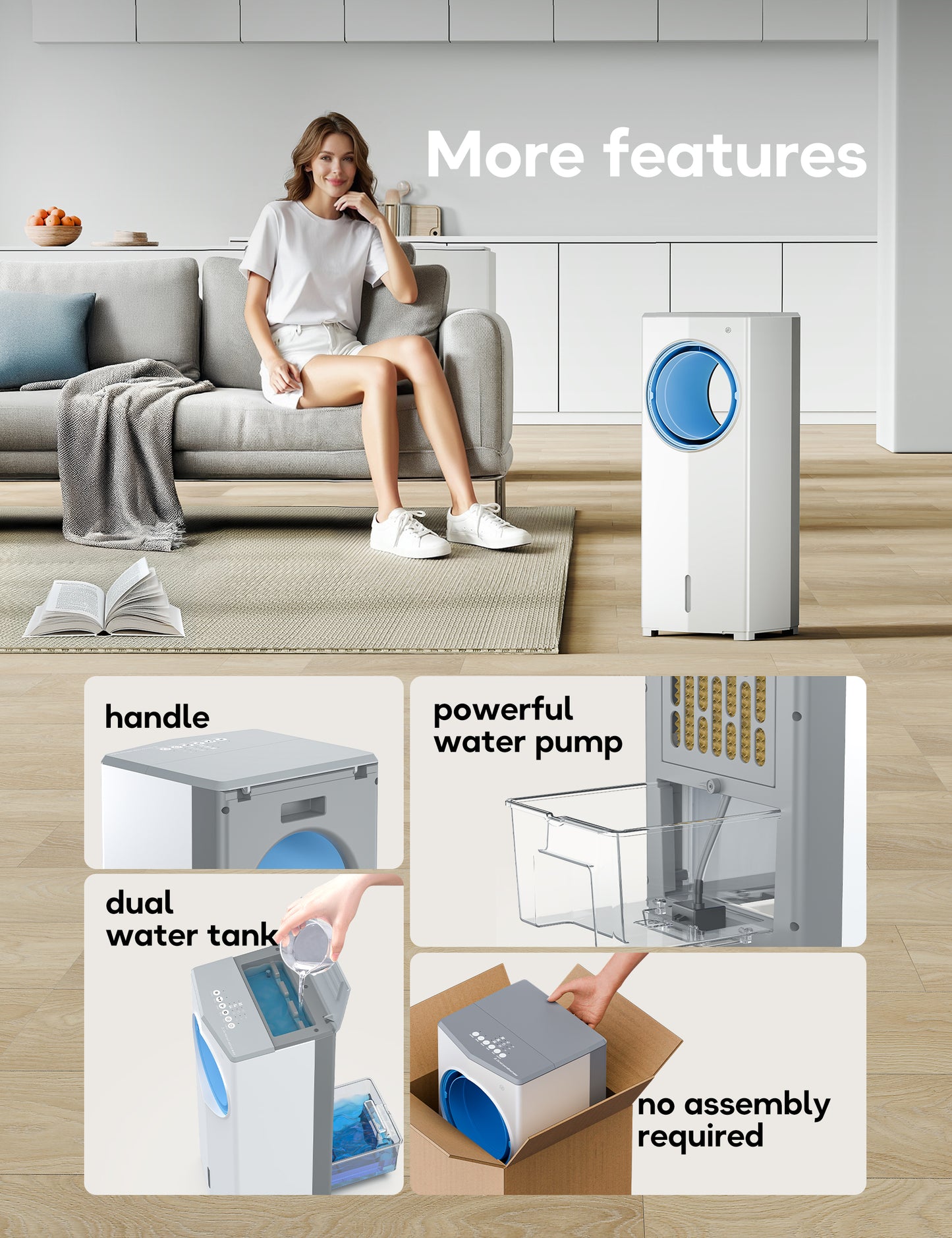FLOWBREEZE Windowless Portable Air Conditioner, 23" Small Evaporative Air Cooler for Room No Window, 3-Speed Settings, 4 Modes, 7H Timer, Remote Control, 4 Ice Packs, Quiet AC Unit for Bedroom