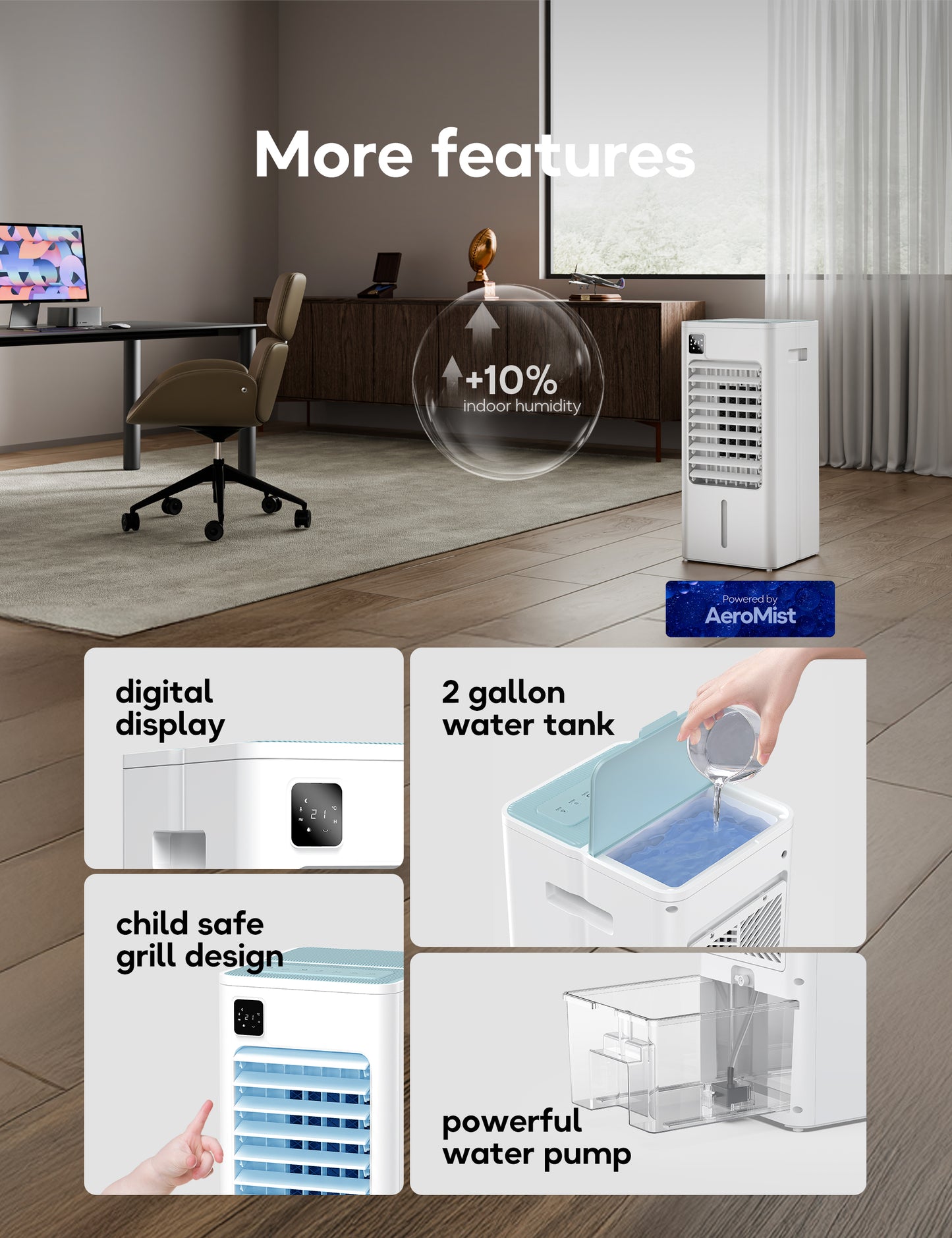 Windowless Portable Air Conditioner, 24" Evaporative Air Cooler with Remote, 3 Speeds, Digital Display, 12H Timer, 2 Gal Water Tank, Oscillating Swamp Cooler for Bedroom, Living Room, AC Unit, White