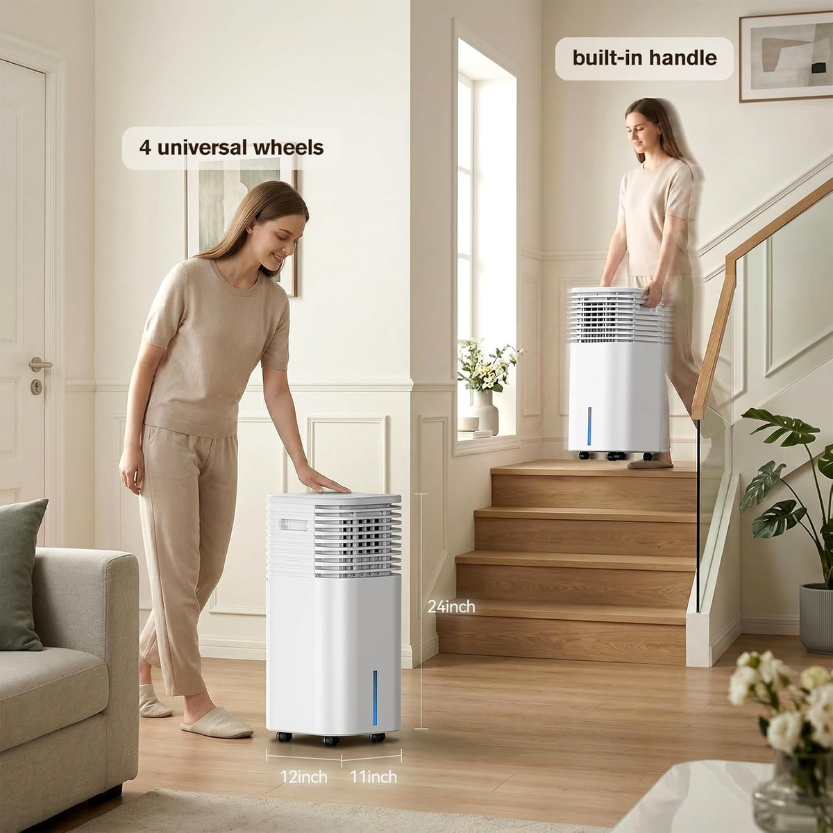 3-IN-1 Portable AC Unit with Remote, 24" Windowless Portable Air Conditioner, 15H Timer & 120°Oscillation, 2-Gal Tank, 3 Modes & 3 Speeds, Ultra-Quiet Ventless Swamp Cooler for Home Office, Pearl