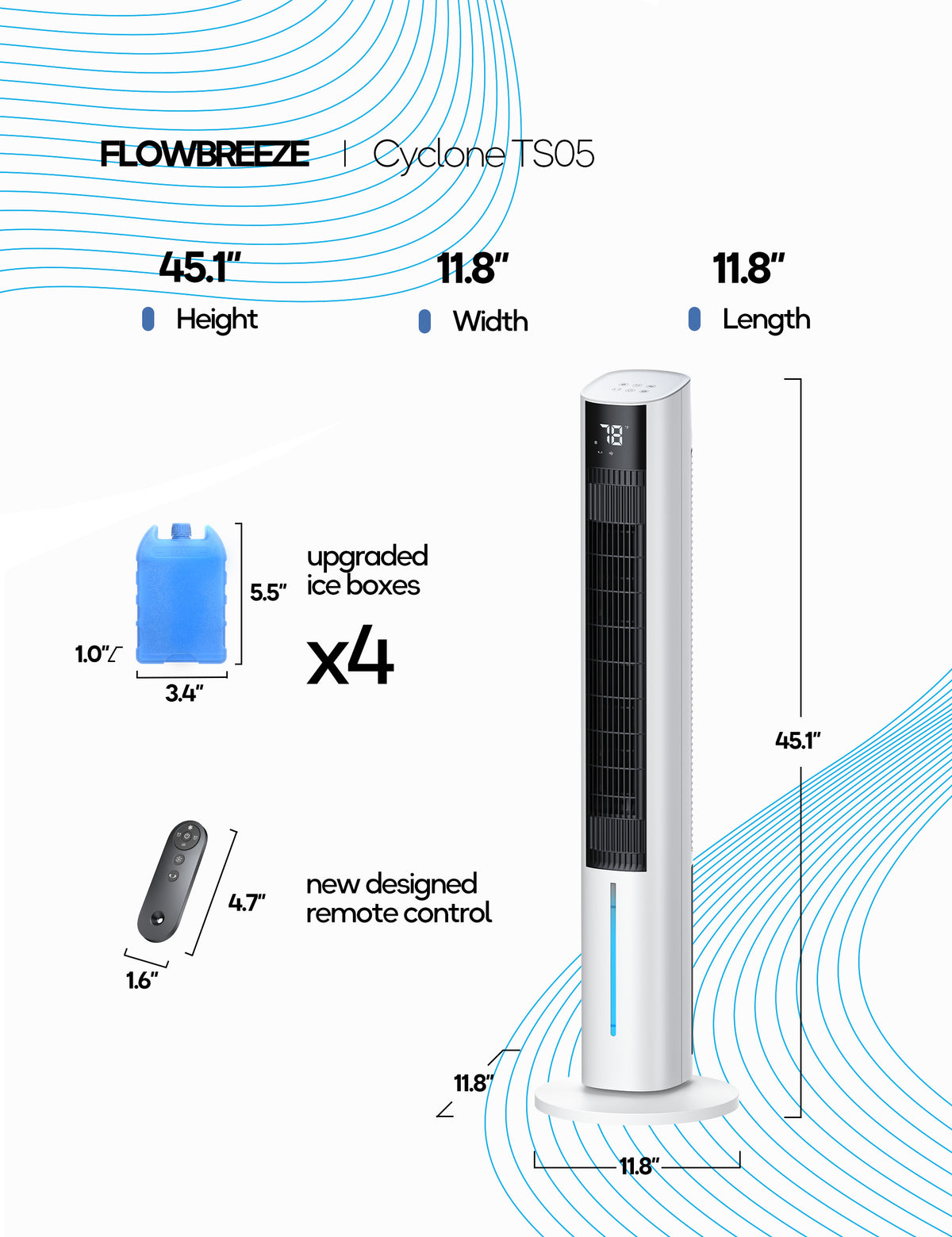 Windowless Portable Air Conditioners, 45" Evaporative Cooler for Room No window, 12H Timer & 60° Swing, 1.06Gal Water Tank & 4 Ice Packs