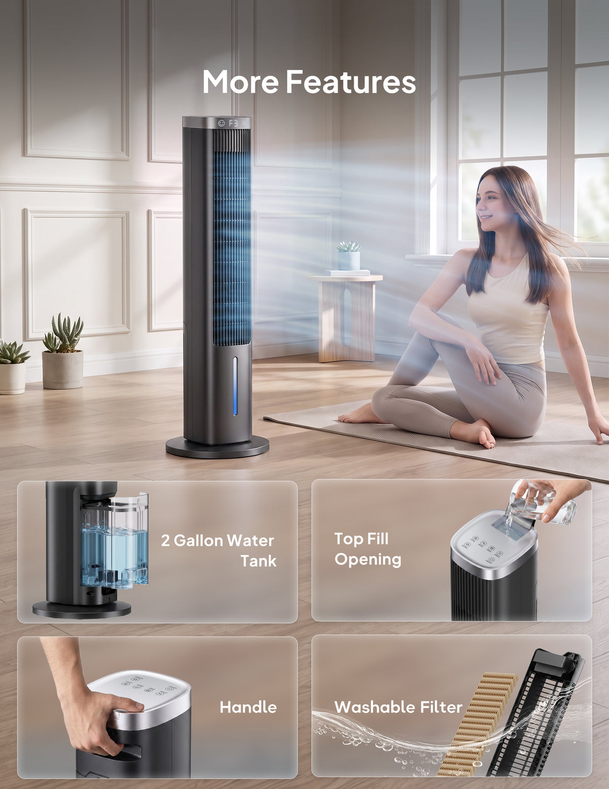 Windowless Portable Air Conditioner, 38.8" Evaporative Air Cooler for Room No Window, 12H Timer, 4 Modes, Remote Control, 120° Max Oscillating, Large Water Tank, Quiet AC Unit for Bedroom, Black
