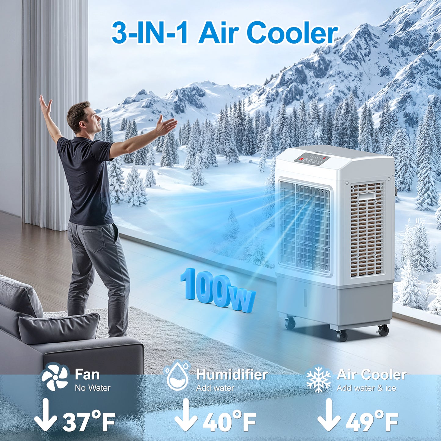 Windowless Portable Air Conditioner, Large Swamp Cooler with 8.1 Gal Water Tank, 3 in 1 Evaporative Cooler, Hoseless Ventless Fan Ac Unit, Remote, 7H Timer, 4 Ice Box for Garage, Home, Outdoor, Grey
