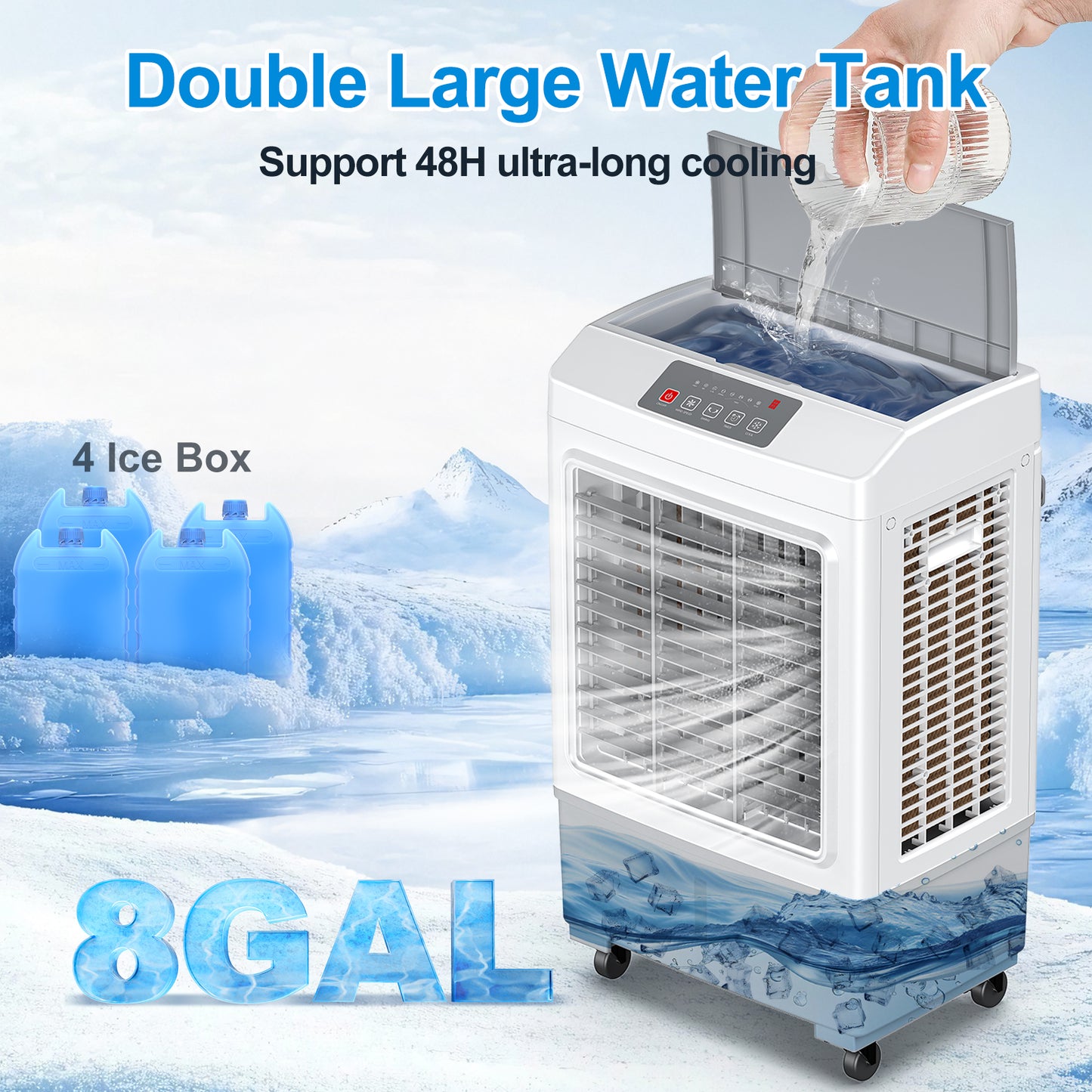 Windowless Portable Air Conditioner, Large Swamp Cooler with 8.1 Gal Water Tank, 3 in 1 Evaporative Cooler, Hoseless Ventless Fan Ac Unit, Remote, 7H Timer, 4 Ice Box for Garage, Home, Outdoor, Grey